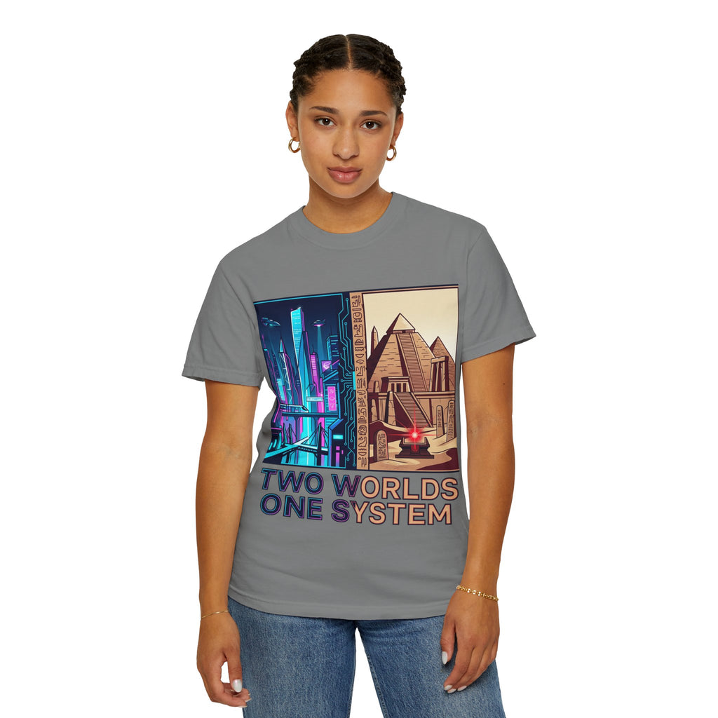 Power Runs Black PRB Blue Technopolis/ Red Dominion Two Worlds One System T-Shirt by Power Runs Black