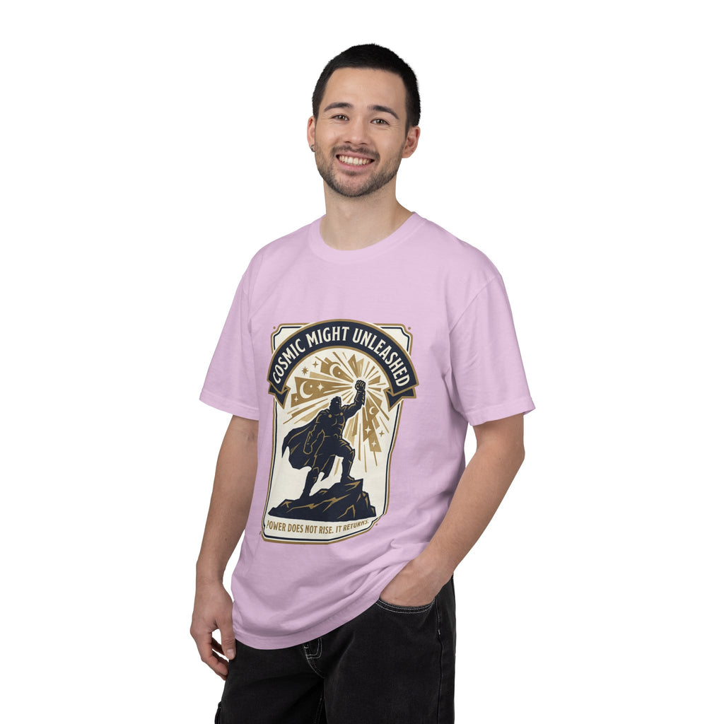 PRB Starforged Flex Cosmic Might Unleashed T-Shirt — Retro Superhero Space Graphic ('Power Does Not Rise, It Returns') by Power Runs Black