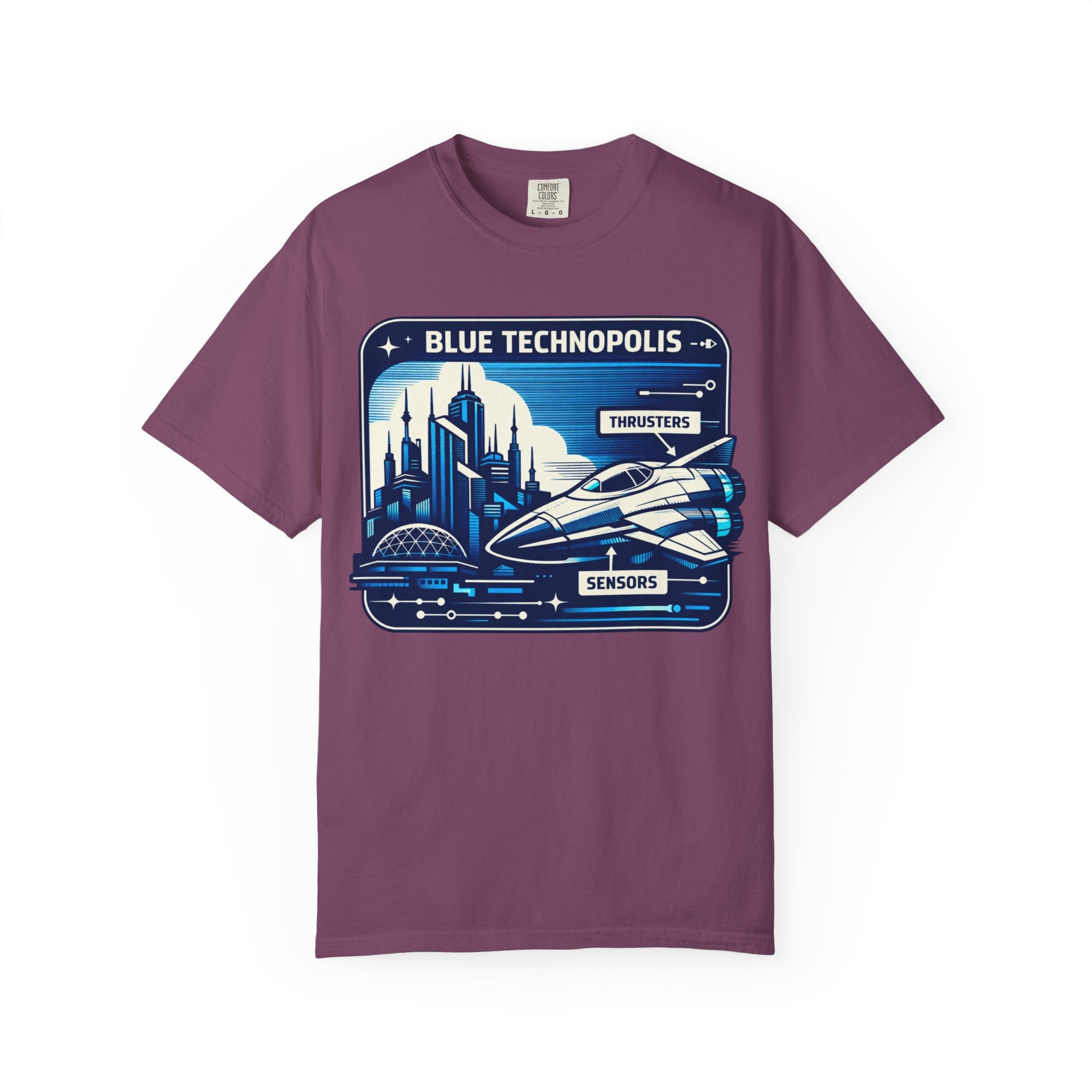 Power Runs Black PRB Technopolis Spacecraft T-Shirt — Blue Technopolis Retro Sci‑Fi Tee by Printify