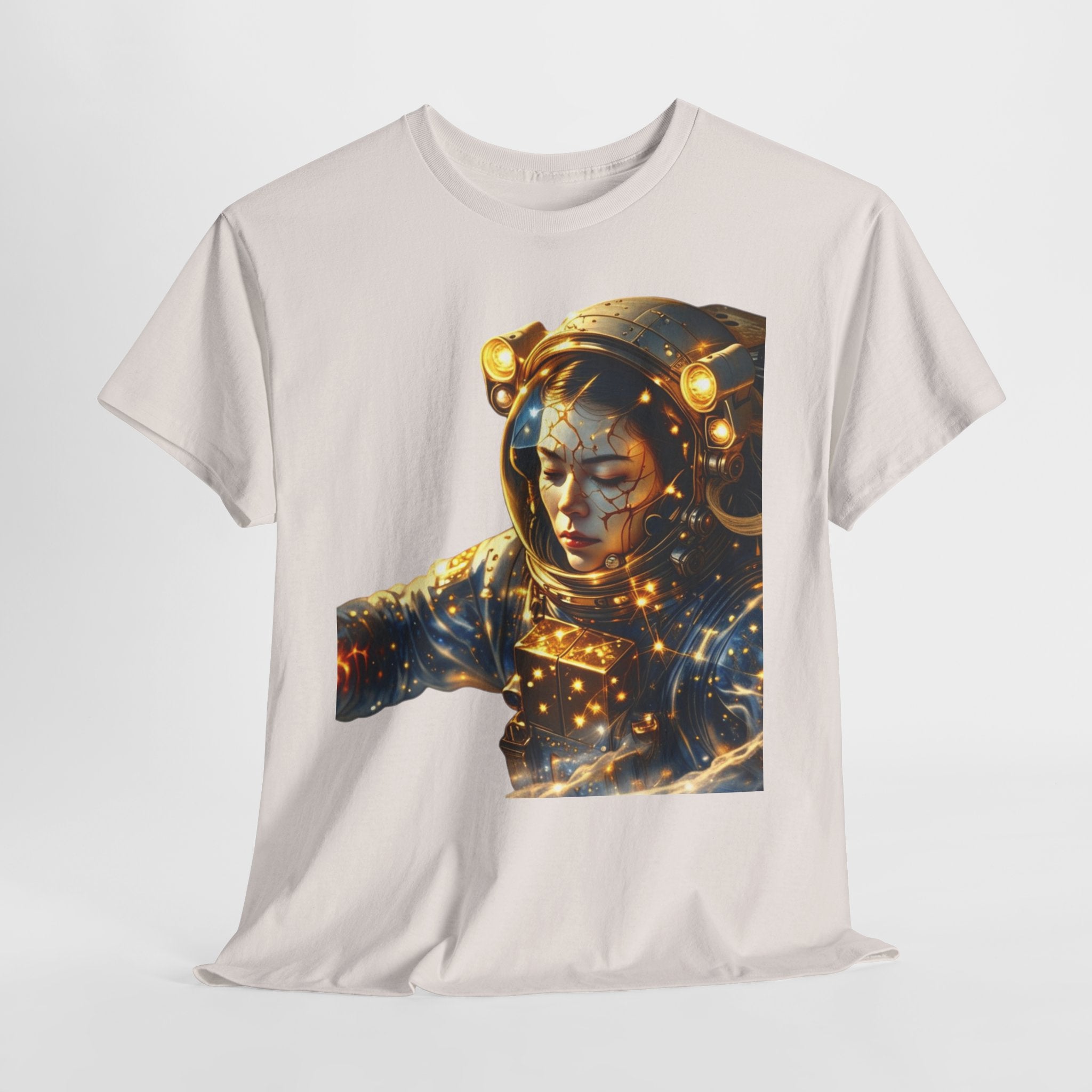 Power Runs Black PRB Golden Astronaut Portrait T-Shirt | Space Helmet Art, Cosmic Lights by Printify