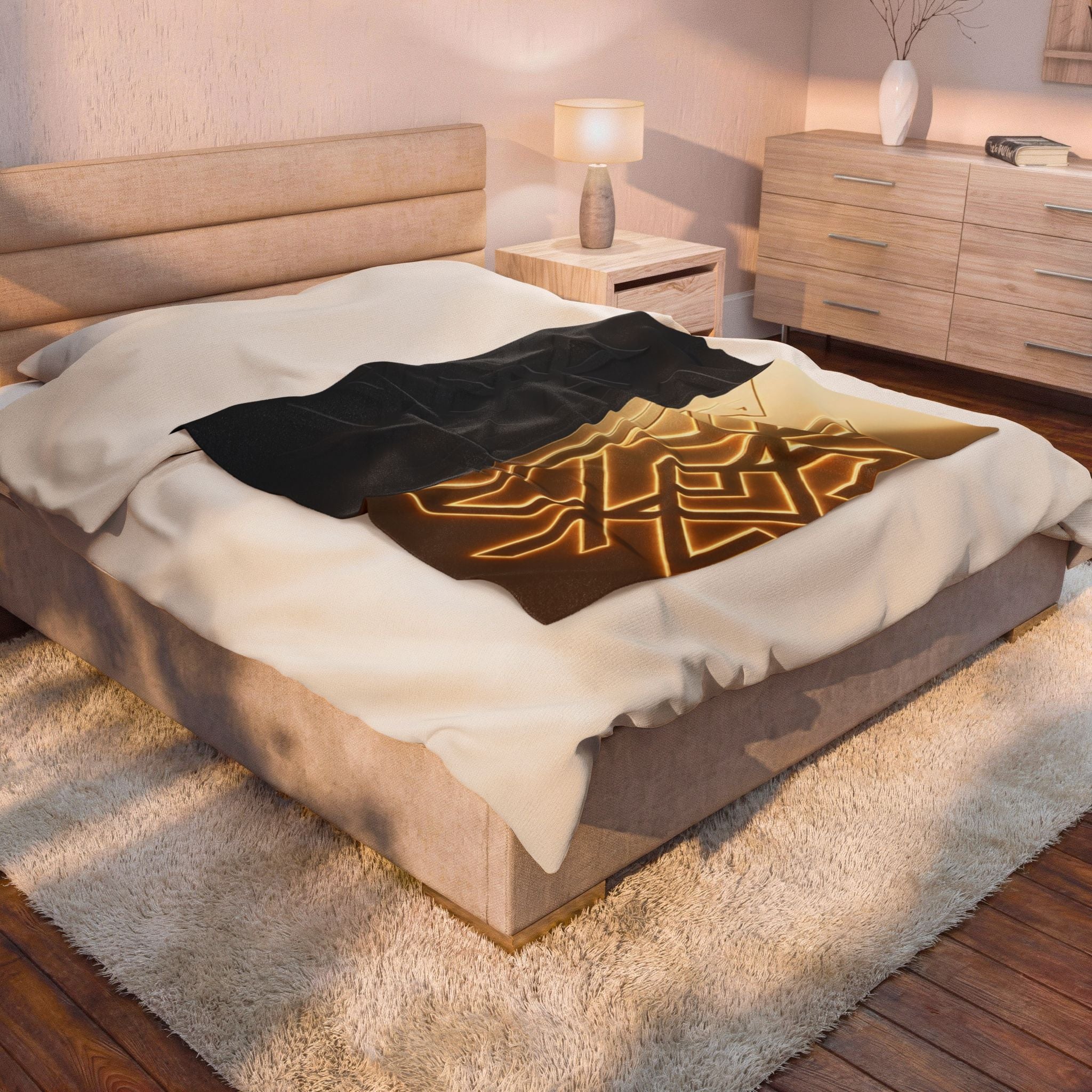 Power Runs Black PRB Velveteen Plush Blanket — Geometric Gold & Black Nordic Rune Throw by Power Runs Black