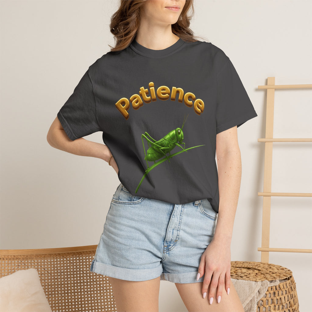 PRB Patience Grasshopper T-shirt | Green Grasshopper Illustration, Positive Quote by Printify