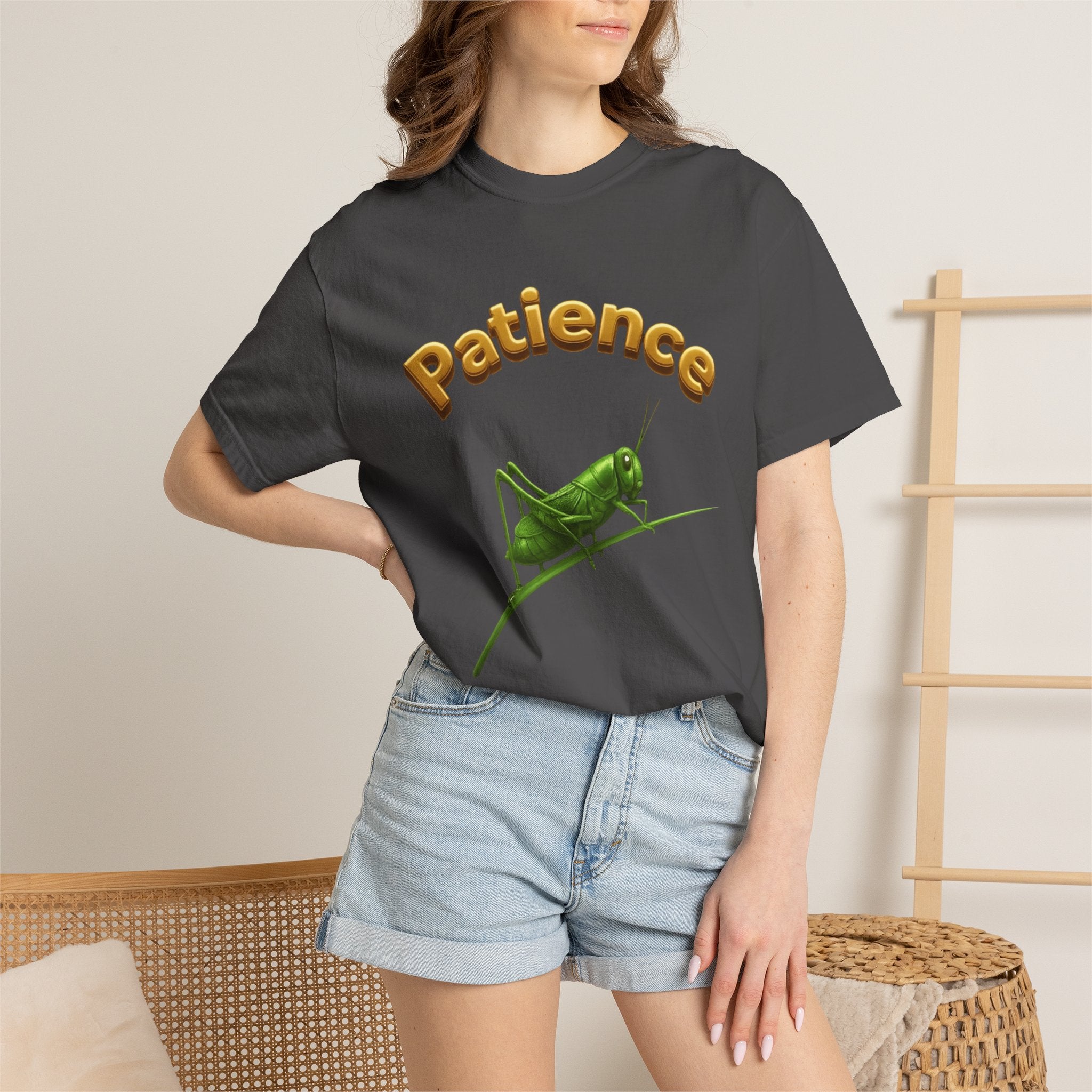 PRB Patience Grasshopper T-shirt | Green Grasshopper Illustration, Positive Quote by Printify