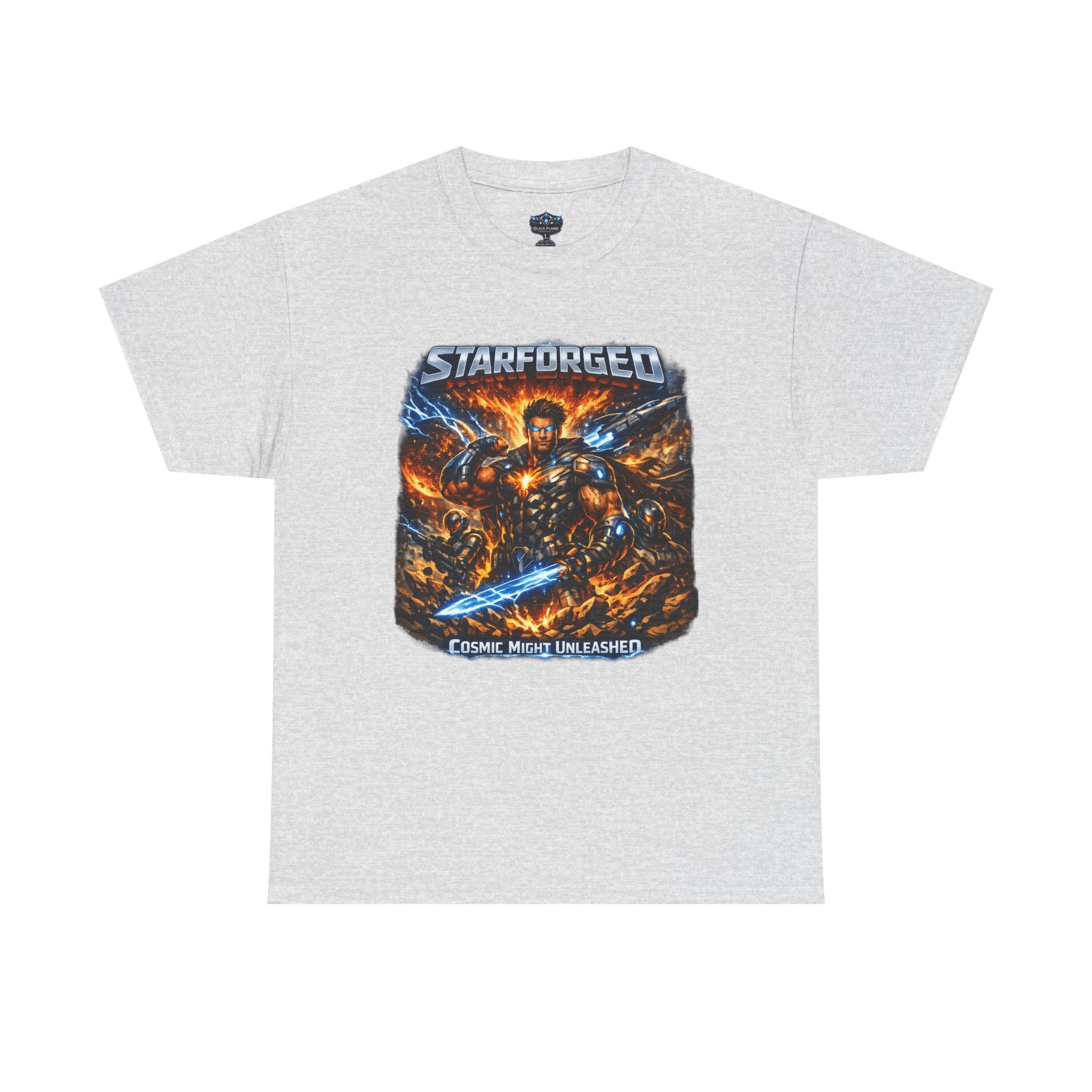 Starforged Flex : Cosmic Might Unleashed Illustration Graphic T by Power Runs Black