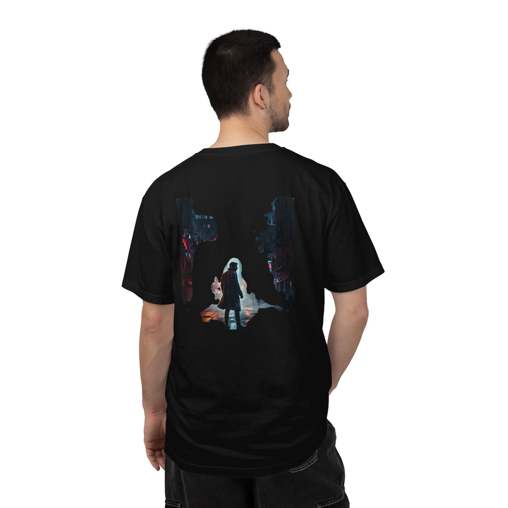 Syndication Loop Cyberpunk Portrait Tee — Tech-Noir Graphic T-Shirt | Power Runs Black by Printify