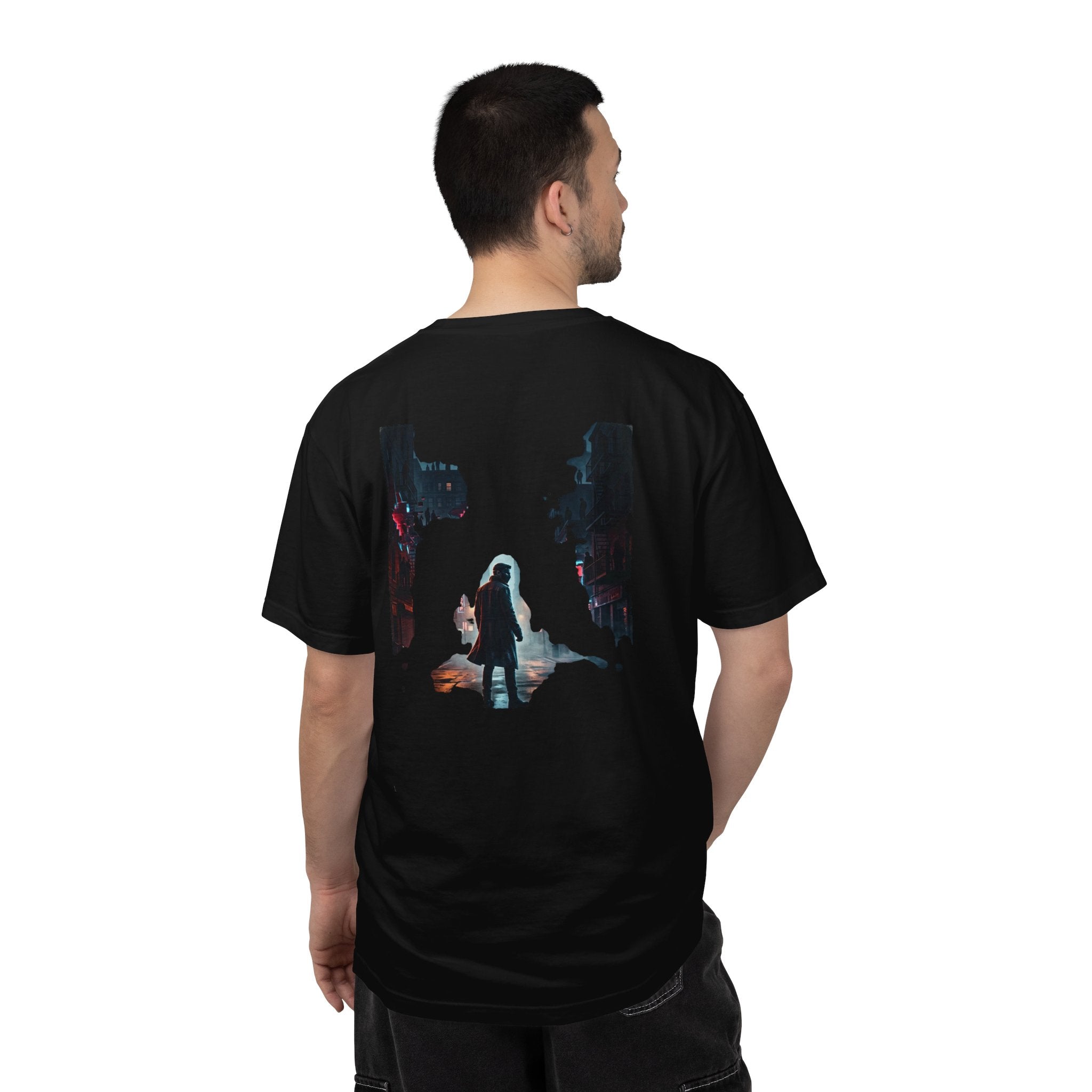 Syndication Loop Cyberpunk Portrait Tee — Tech-Noir Graphic T-Shirt | Power Runs Black by Printify