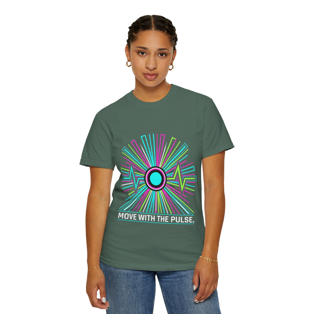 Power Runs Black PRB Electric "Move With Pulse" Graphic T-Shirt — Neon Sunburst Design by Power Runs Black