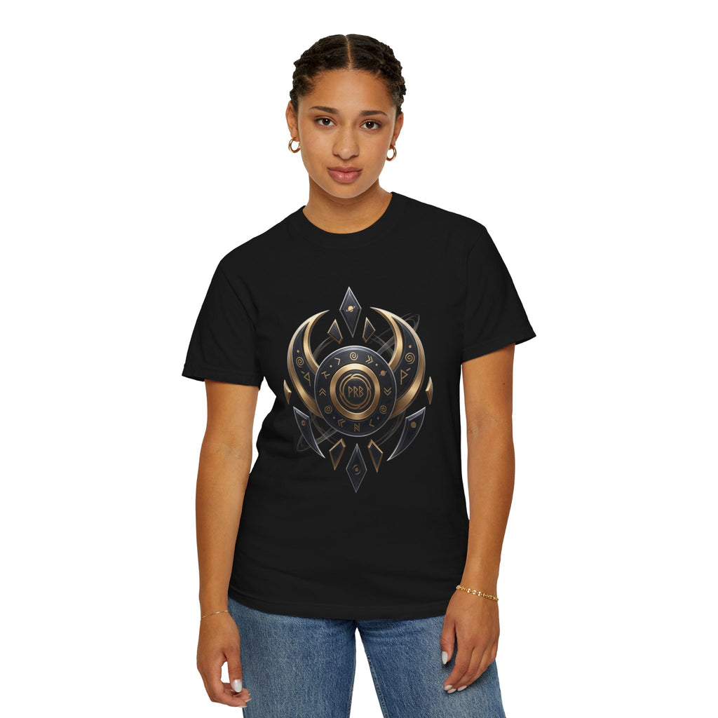 Power Runs Black Mystic Compass Disc T-Shirt — Geometric Gold & Black Emblem Tee by Printify