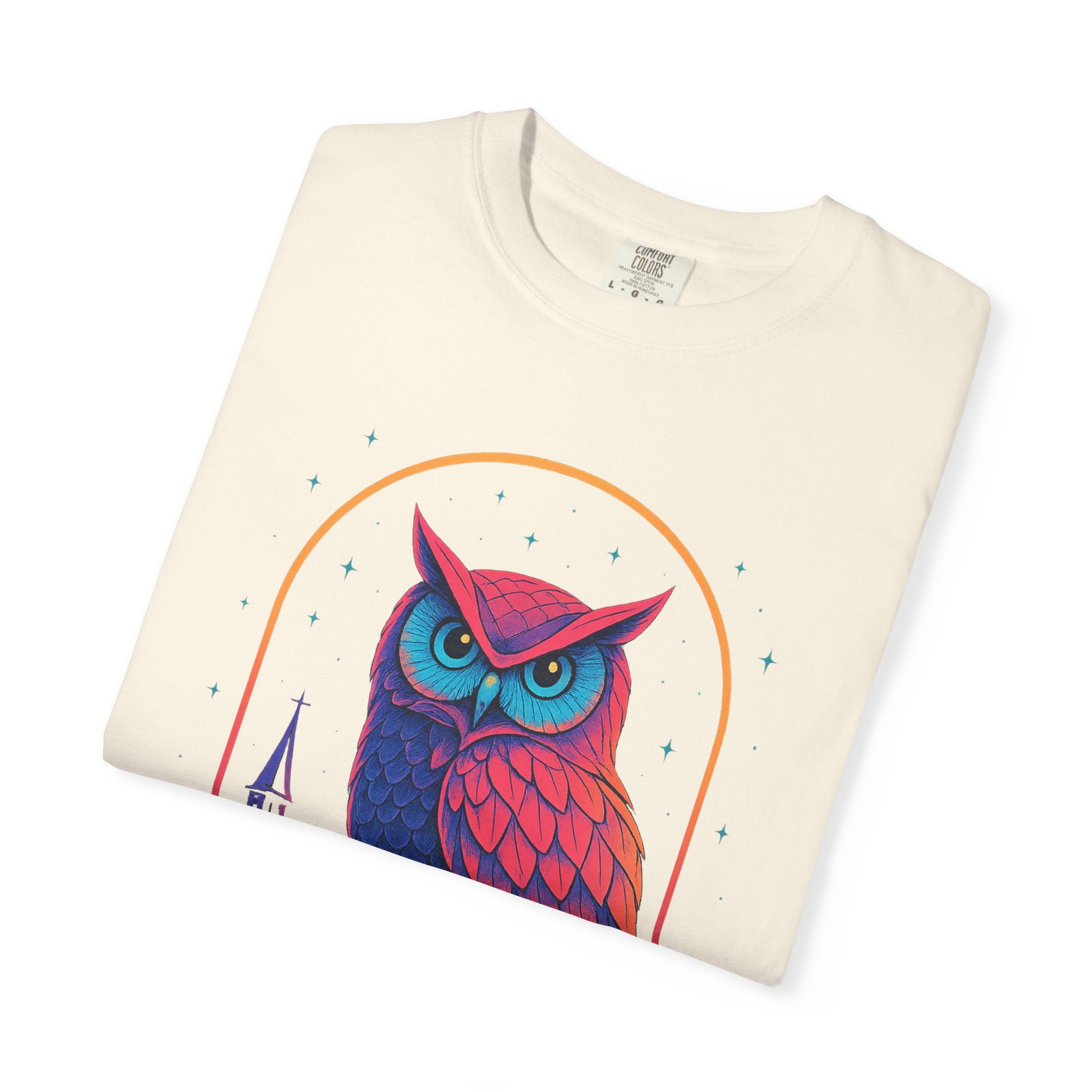 Neon Owl Illustration T-Shirt | Night Church Graphic Tee by Printify