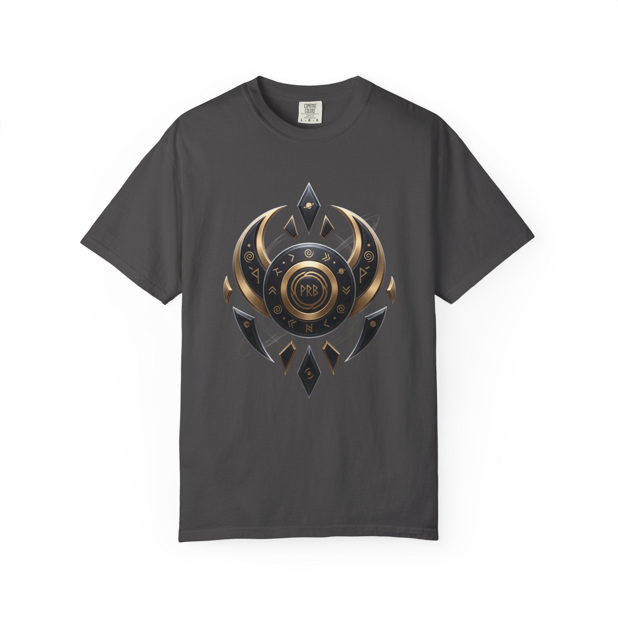 Power Runs Black Mystic Compass Disc T-Shirt — Geometric Gold & Black Emblem Tee by Printify
