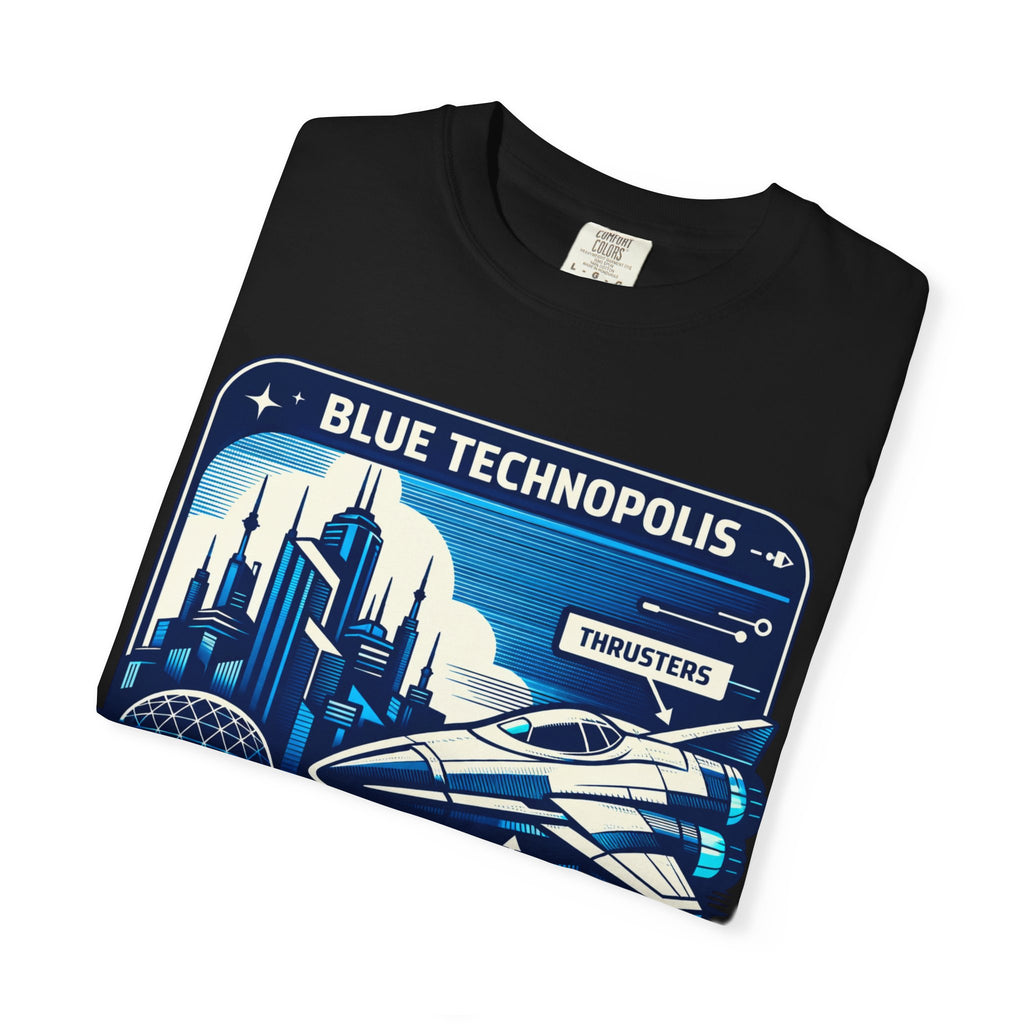 Power Runs Black PRB Technopolis Spacecraft T-Shirt — Blue Technopolis Retro Sci‑Fi Tee by Printify