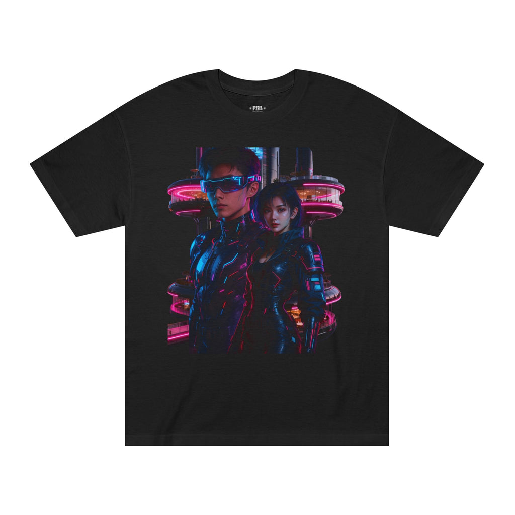 PRB Neon Tokyo Cyberpunk Couple T-Shirt | Futuristic Neon City Illustration by Printify