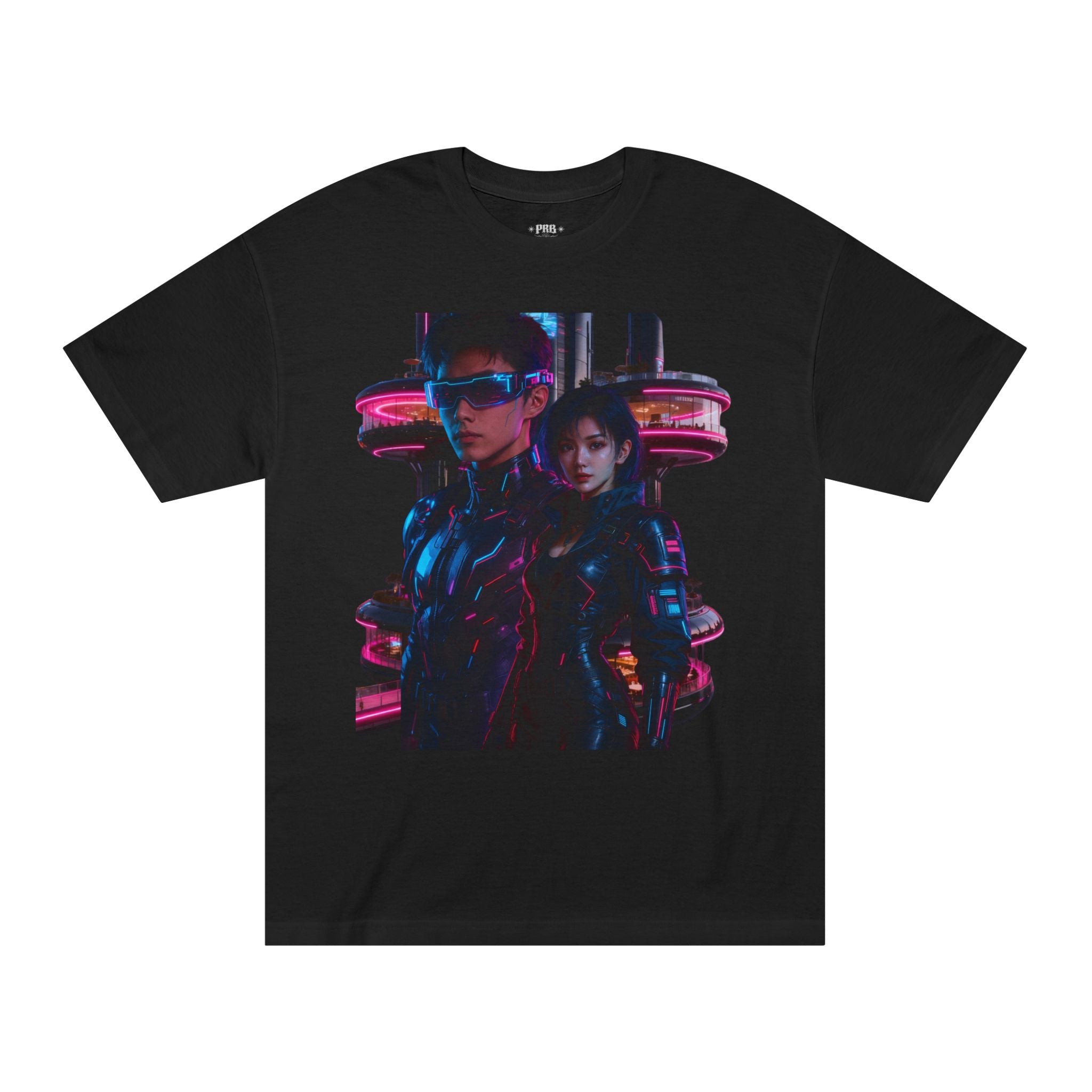 PRB Neon Tokyo Cyberpunk Couple T-Shirt | Futuristic Neon City Illustration by Printify