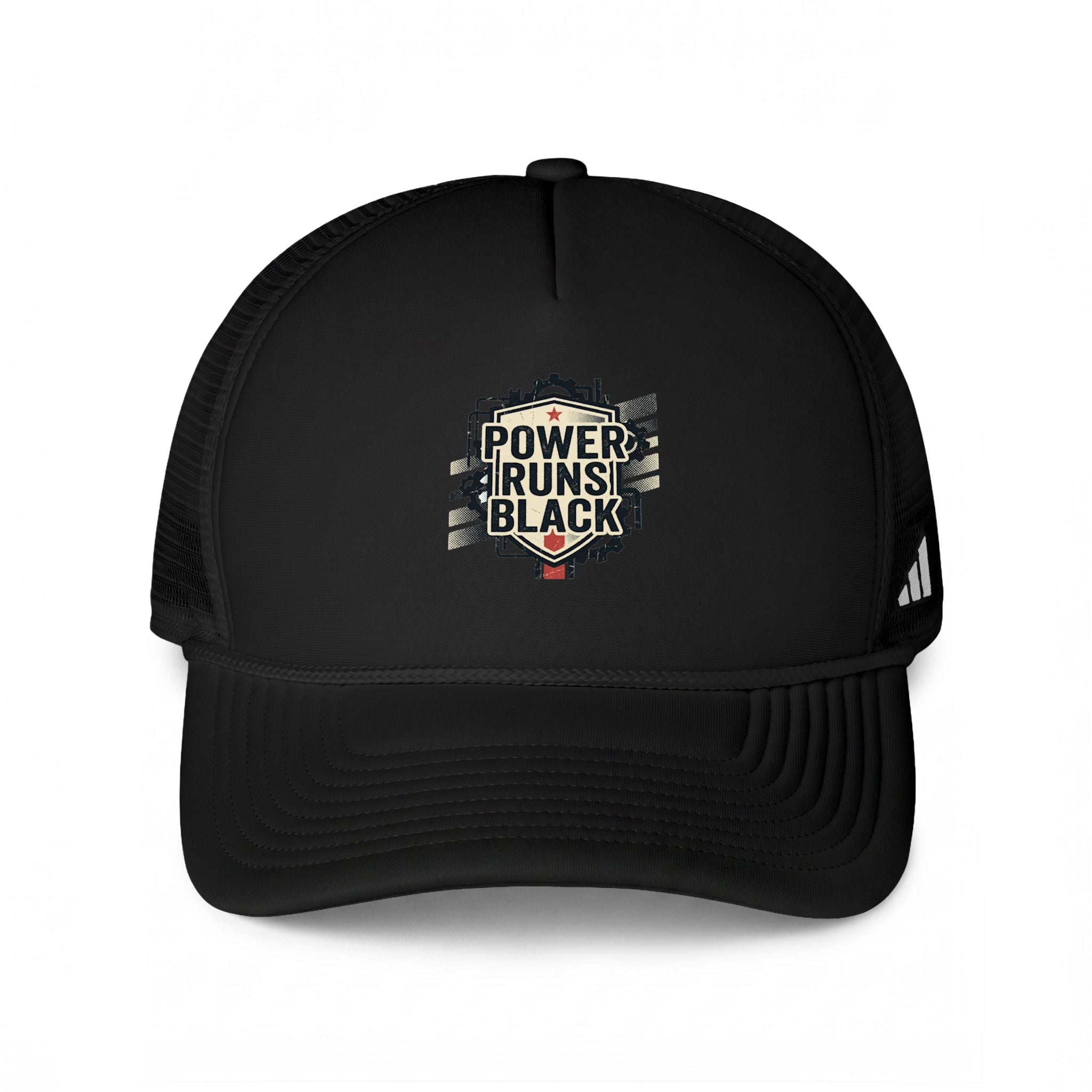 Power Runs Black Trucker Cap — "Power Runs Black" Vintage Adidas Patch Mesh Hat by Power Runs Black