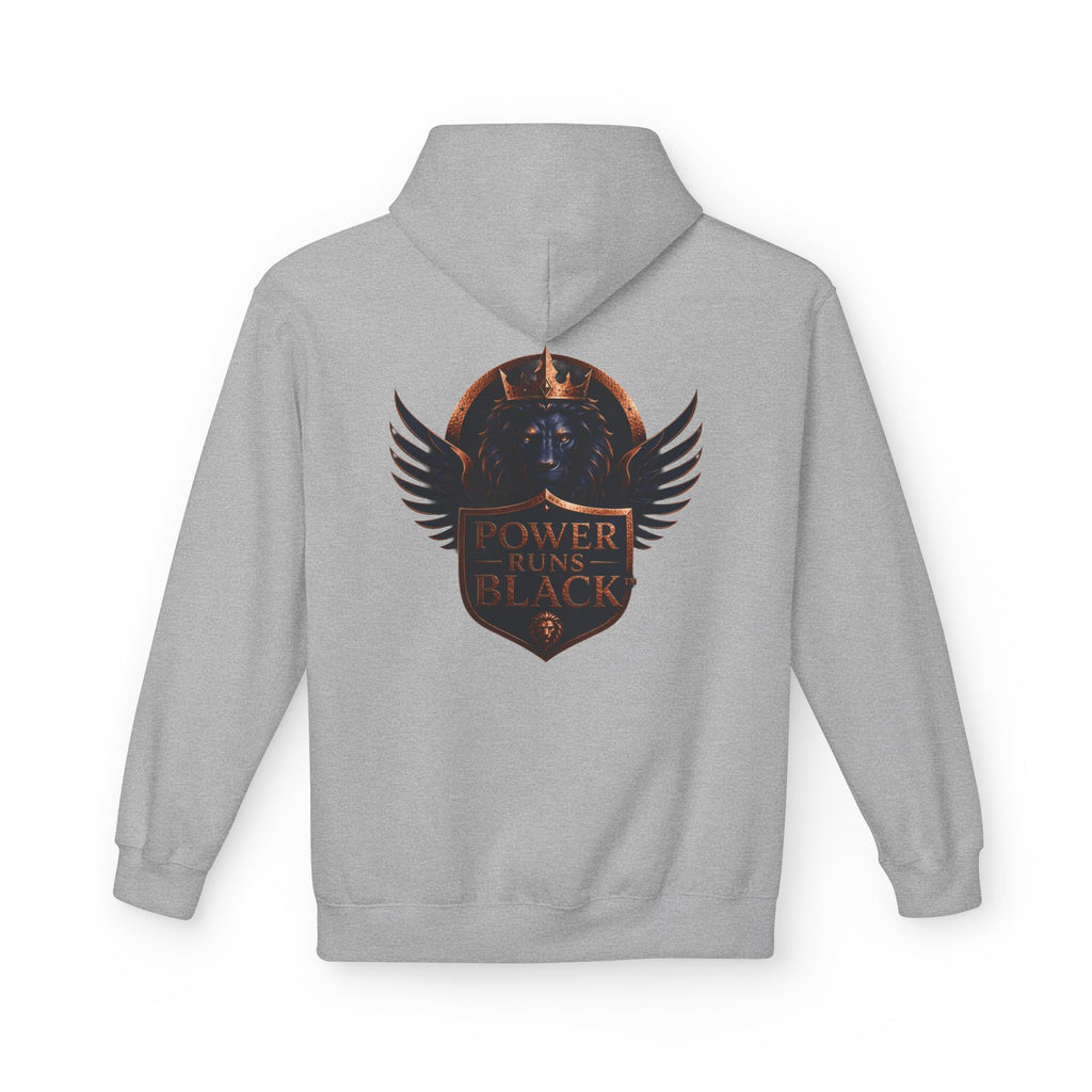 Power Runs Black crest hoodie | medieval shield with lions and wings by Power Runs Black