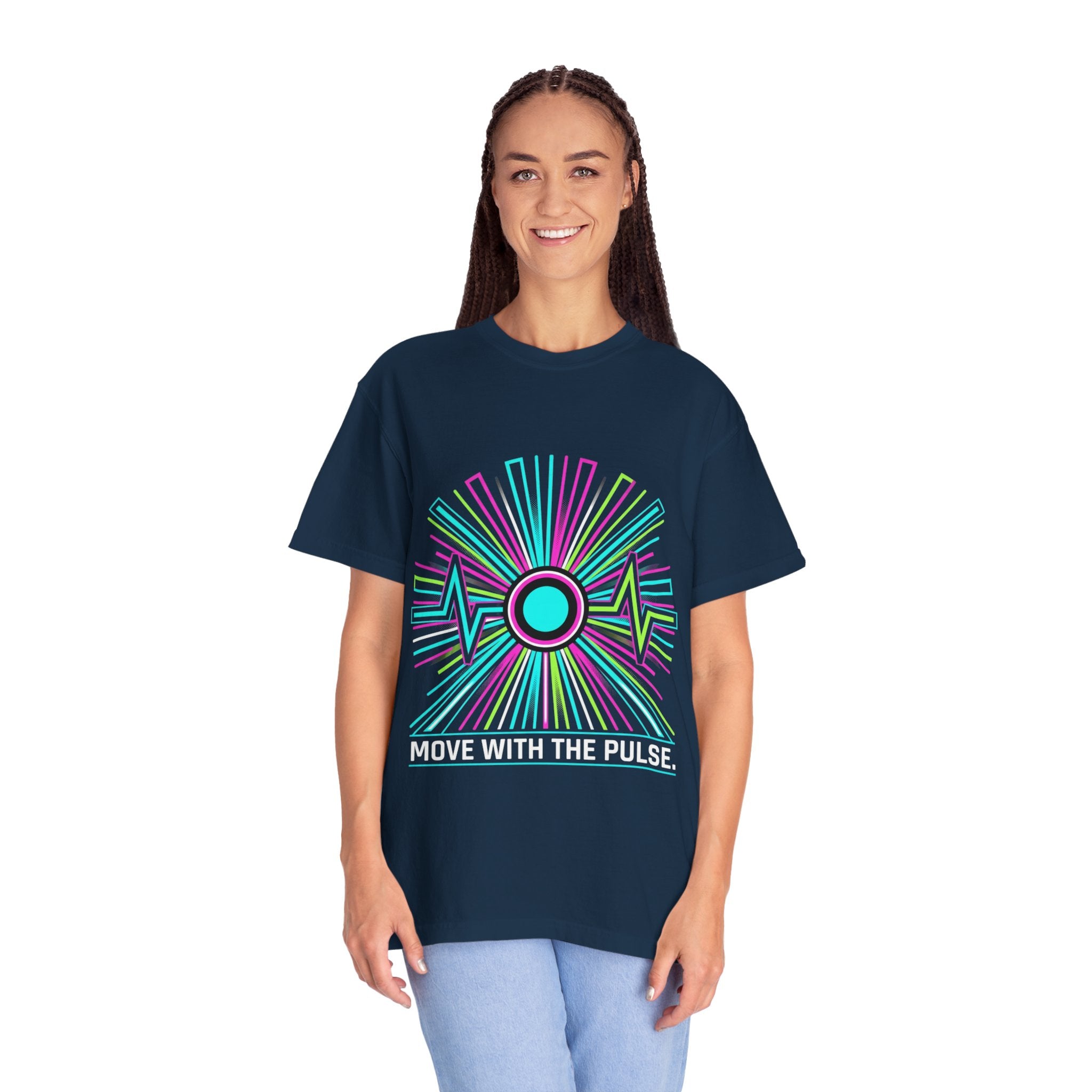 Power Runs Black PRB Electric "Move With Pulse" Graphic T-Shirt — Neon Sunburst Design by Power Runs Black