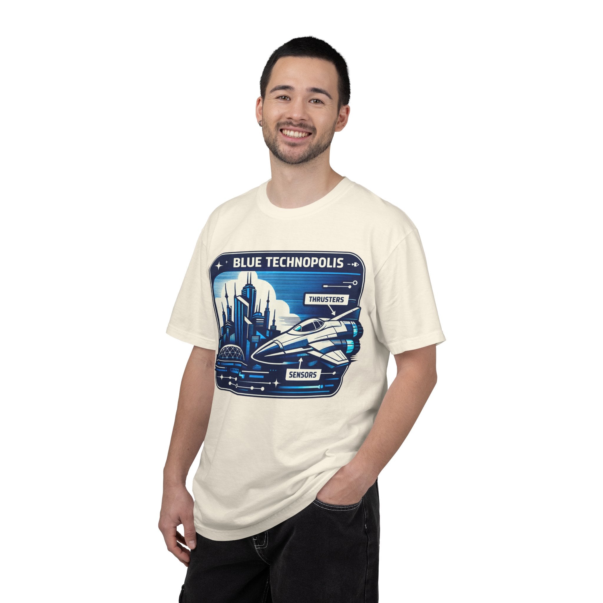 Power Runs Black PRB Technopolis Spacecraft T-Shirt — Blue Technopolis Retro Sci‑Fi Tee by Printify