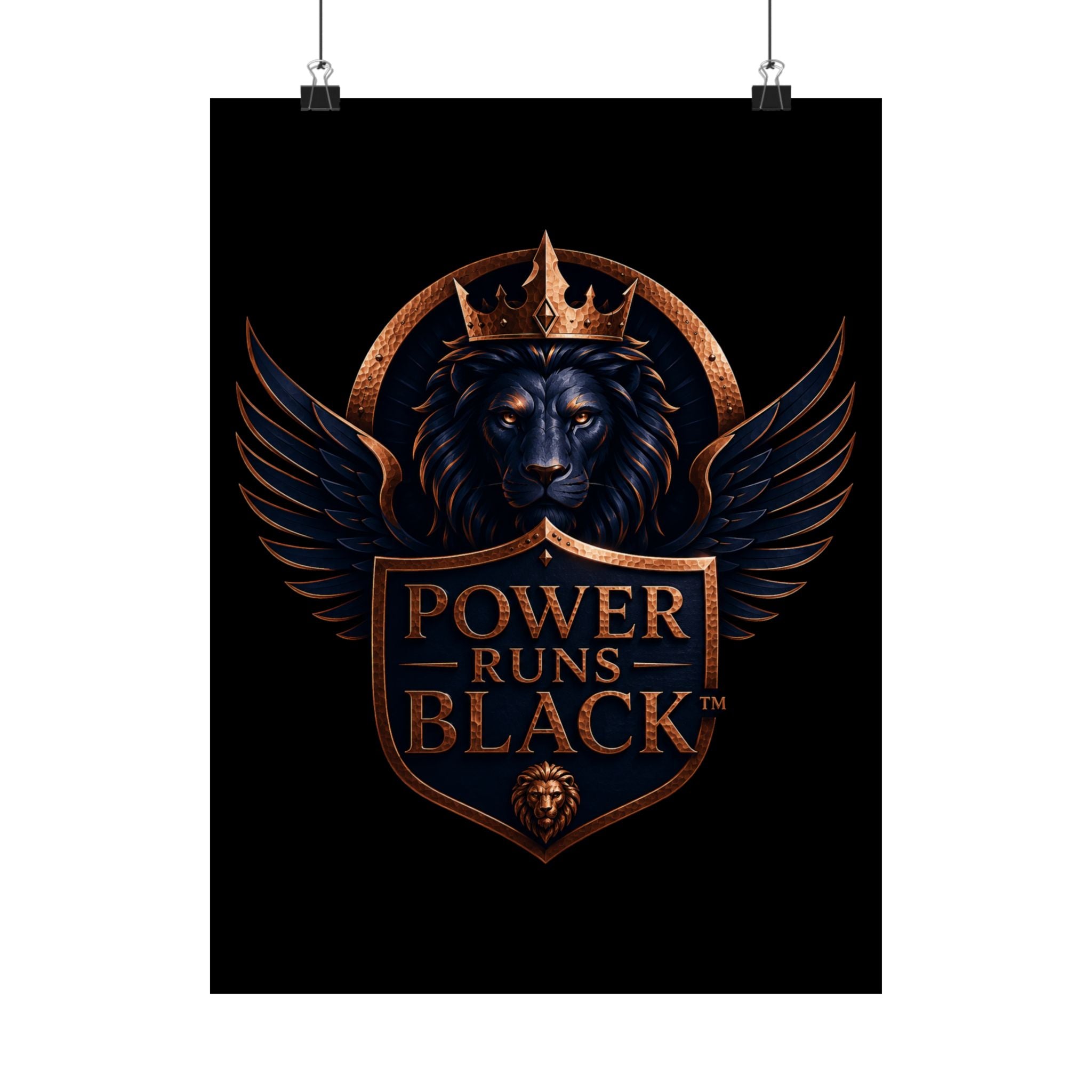 Power Runs Black Matte Poster — Regal Lion Crest Wall Art by Power Runs Black
