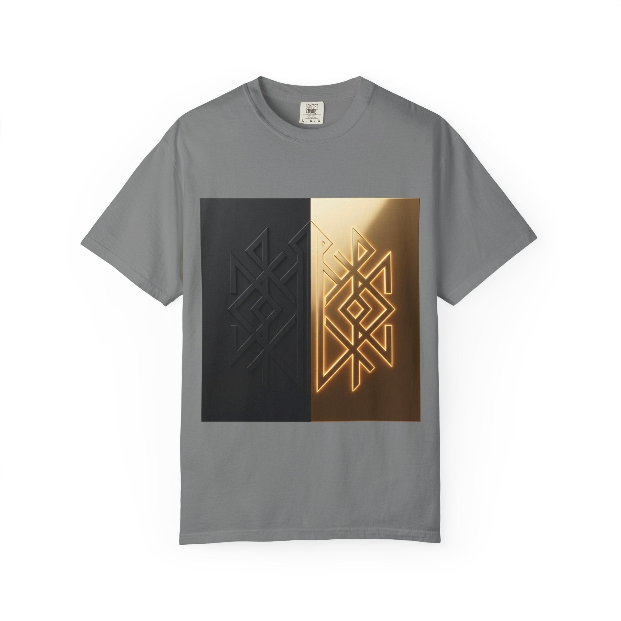 Power Runs Black PRB Geometric Split Glow T-Shirt — Black & Gold Tribal Diamond Graphic by Power Runs Black