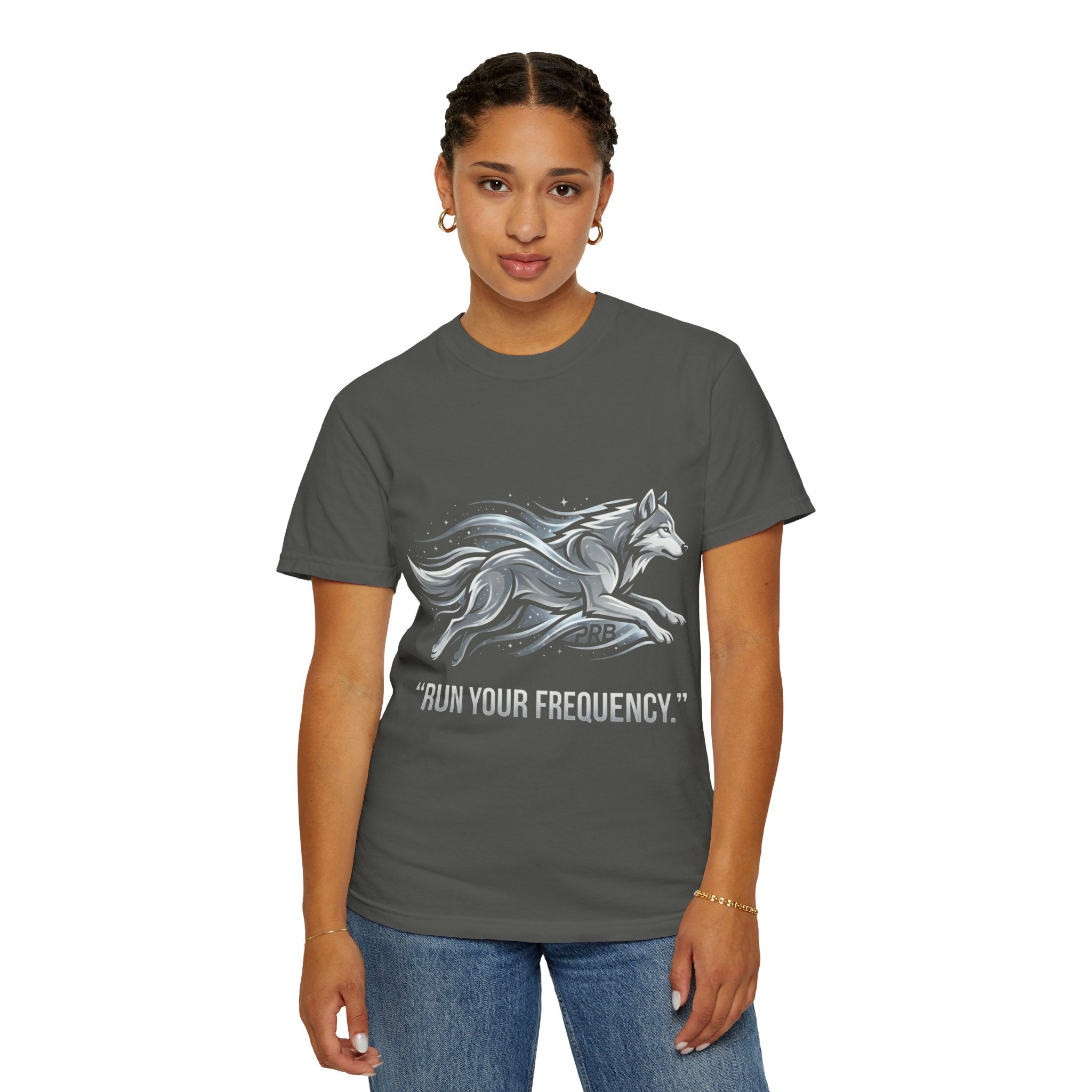 Wolf Graphic T-Shirt — 'Run Your Frequency' Motivational Tee by Printify