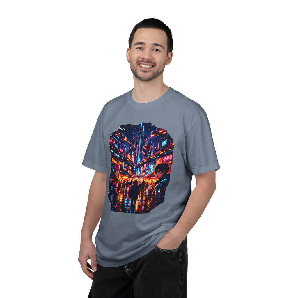 PRB Neon Cyberpunk Cityscape T-shirt | Anime Night Rain Streets by Power Runs Black