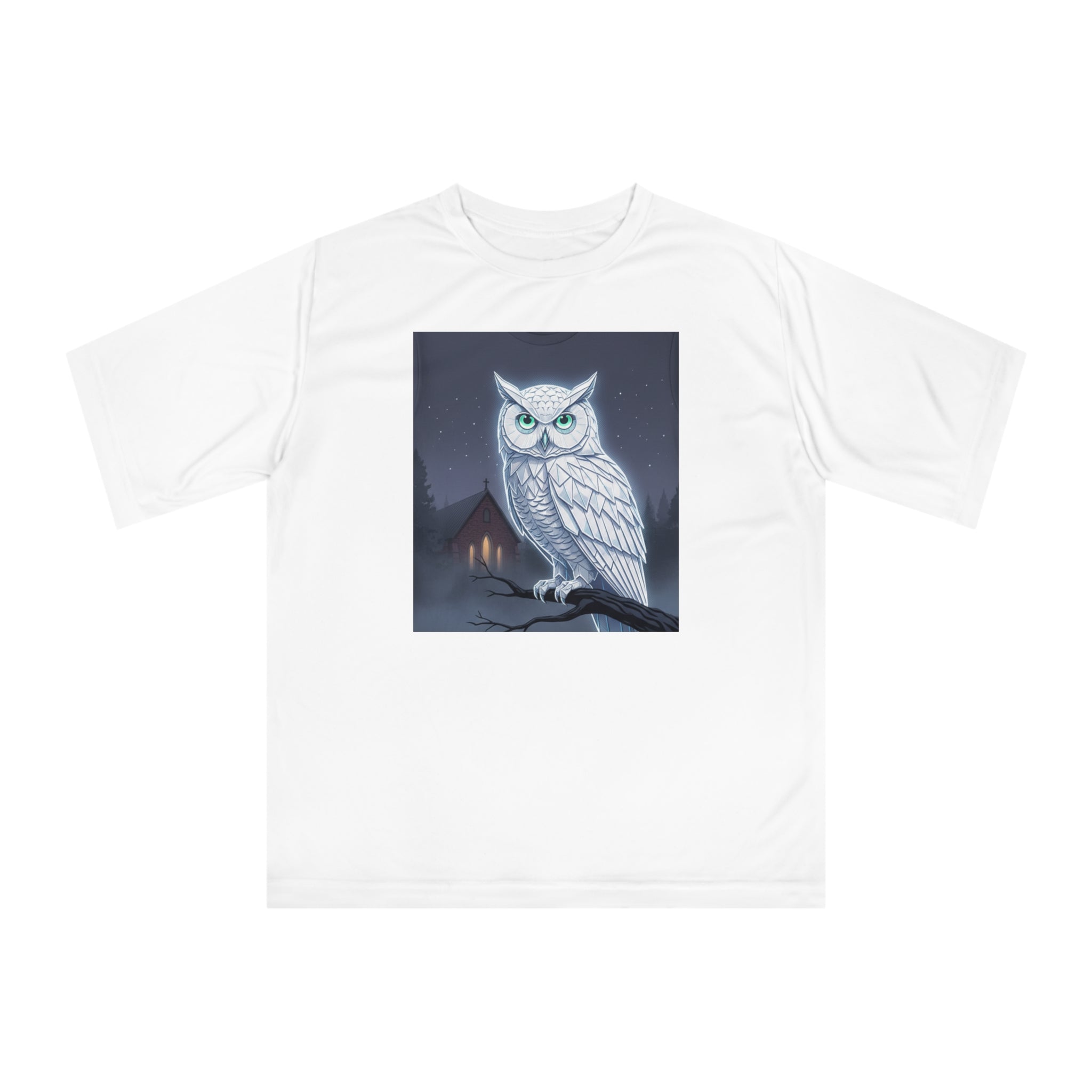 PRB White Snowy Owl Illustration T-shirt | Moonlit Night, Cabin Scene by Power Runs Black