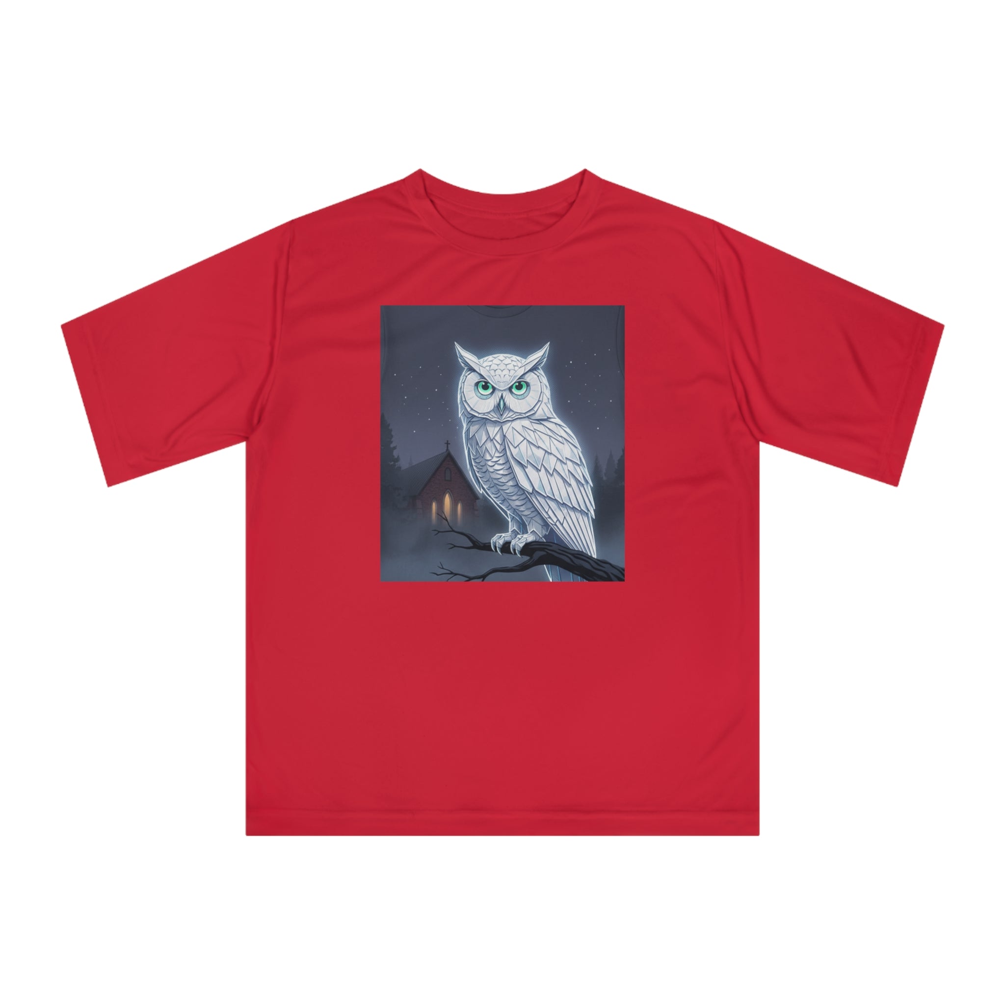PRB White Snowy Owl Illustration T-shirt | Moonlit Night, Cabin Scene by Power Runs Black