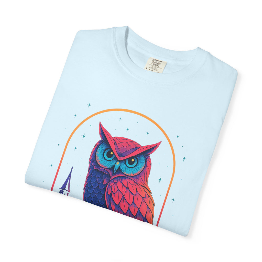 Neon Owl Illustration T-Shirt | Night Church Graphic Tee by Printify