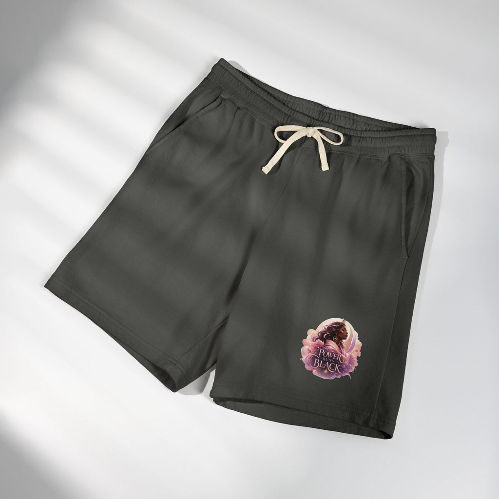 Power Runs Black Spirit Graphic Sweat Shorts — Cozy Lightweight Fleece Lounge Shorts by Printify