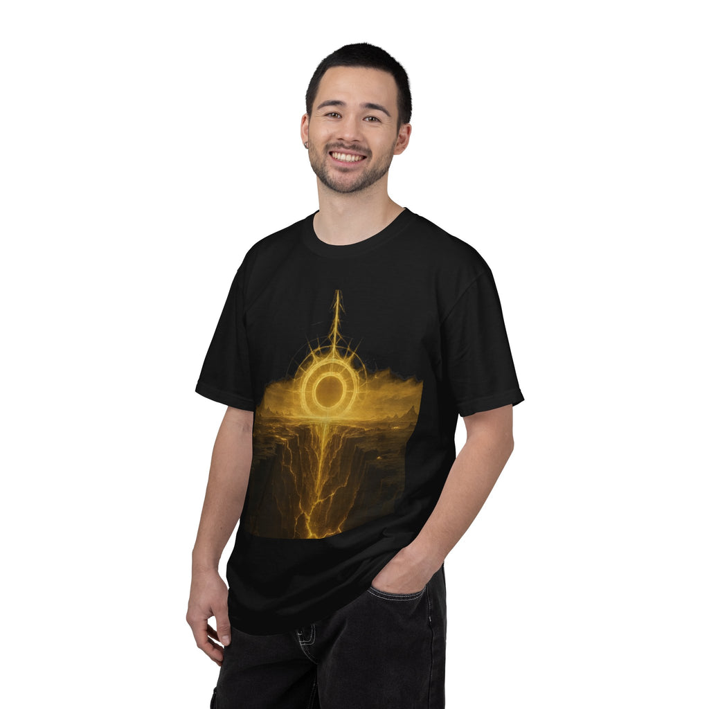 Power Runs Black PRB Golden Eclipse Portal T-shirt | Fantasy Landscape, Mystic Ring, Tower Art by Power Runs Black