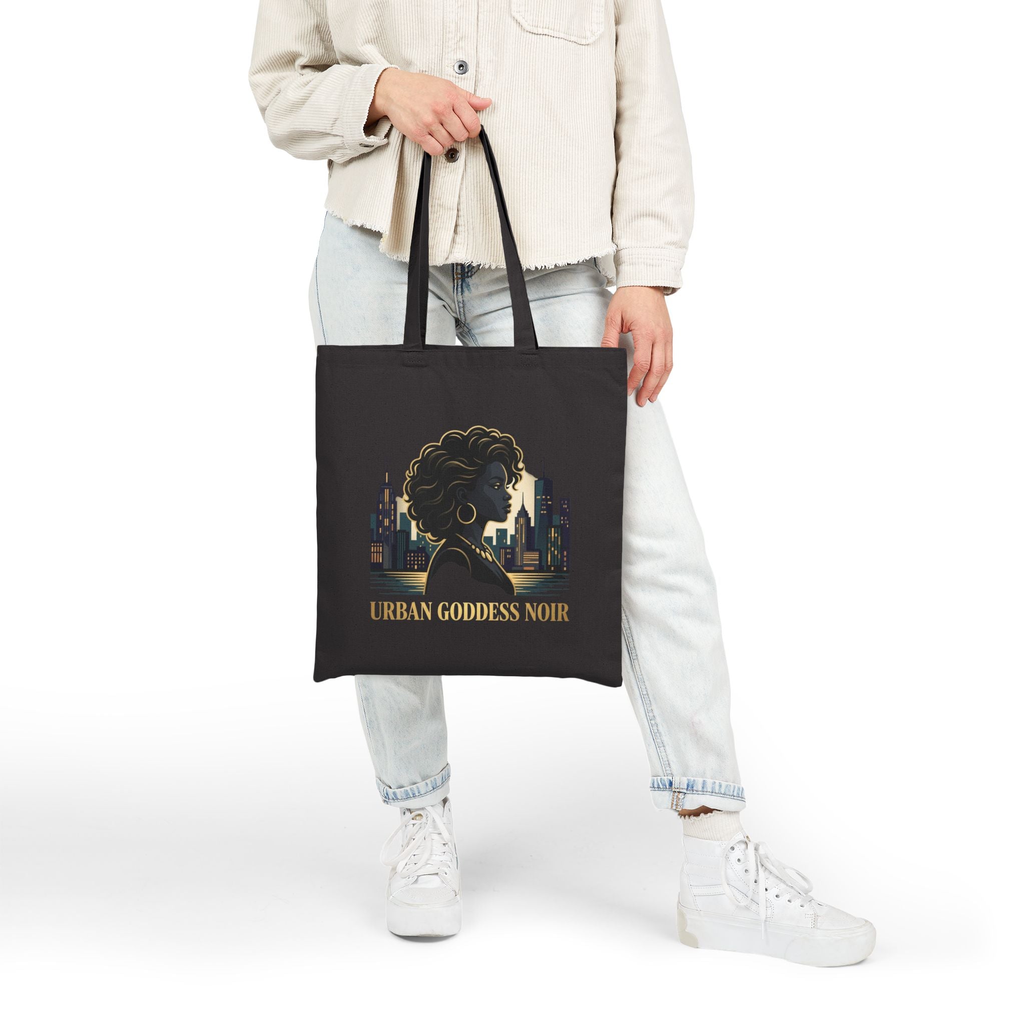 Power Runs Black PRB Urban Goddess Noir Cotton Tote Bag – City Skyline Afrocentric Eco Shopper by Power Runs Black