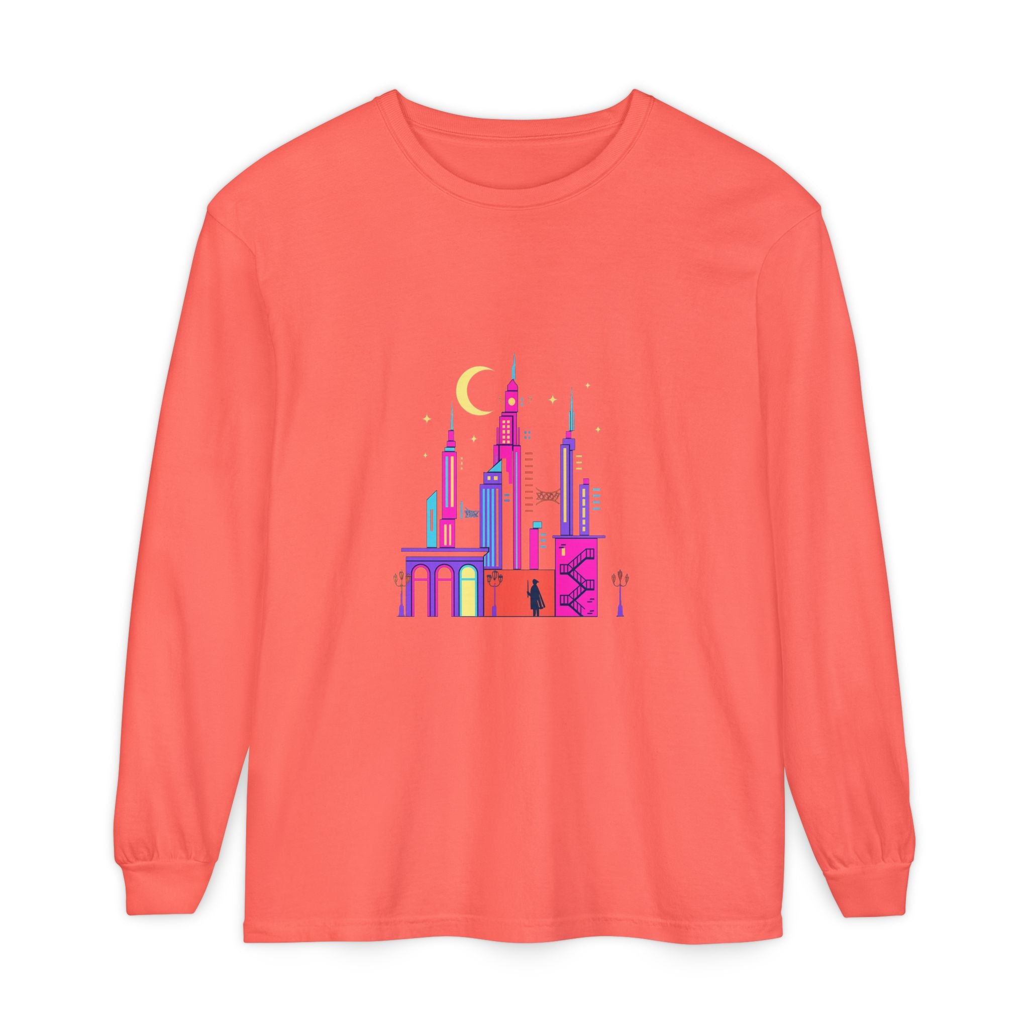 PRB Neon City Skyline Long Sleeve Shirt | Urban Nightscape Illustration by Power Runs Black