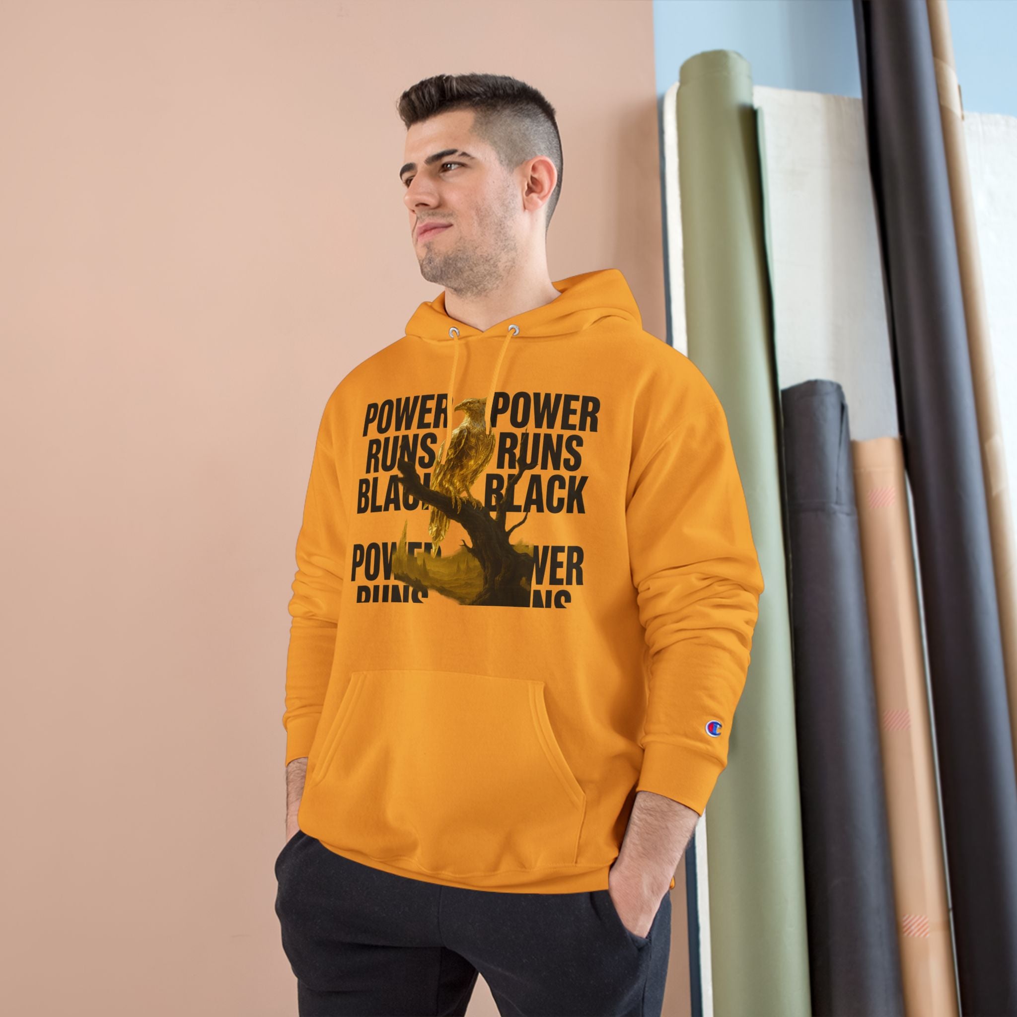 PRB Champion Hoodie — 'Power Runs Black' Golden Bird Graphic Pullover by Power Runs Black