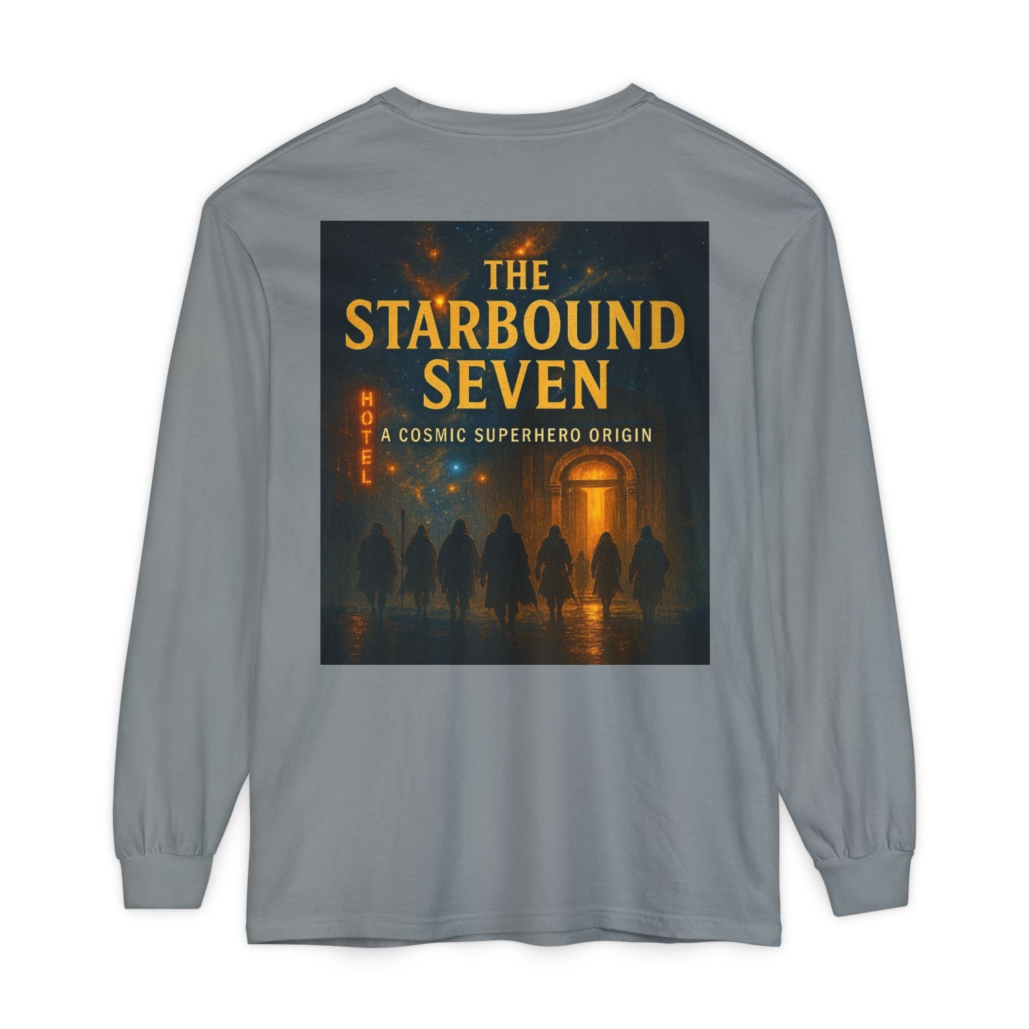 PRB The Starbound Seven graphic long sleeve shirt | cosmic superhero poster by Power Runs Black