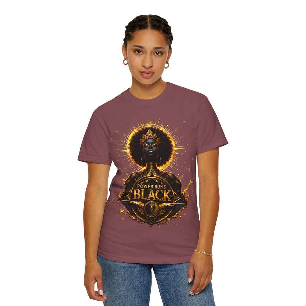 Power Runs Black goddess illustration T-Shirt | Afrocentric black pride design by Power Runs Black