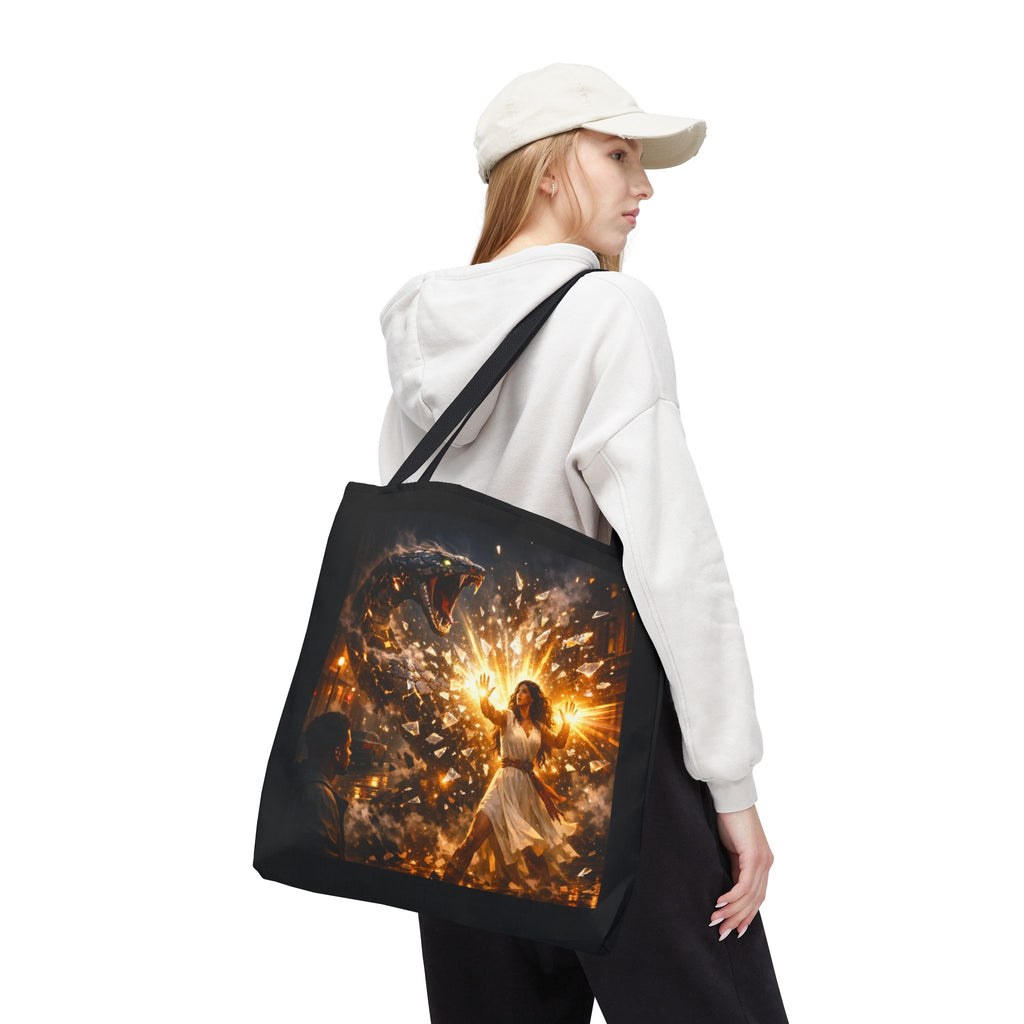 PRB Raging Serpent Burst tote bag | Fantasy serpent explosion art by Power Runs Black