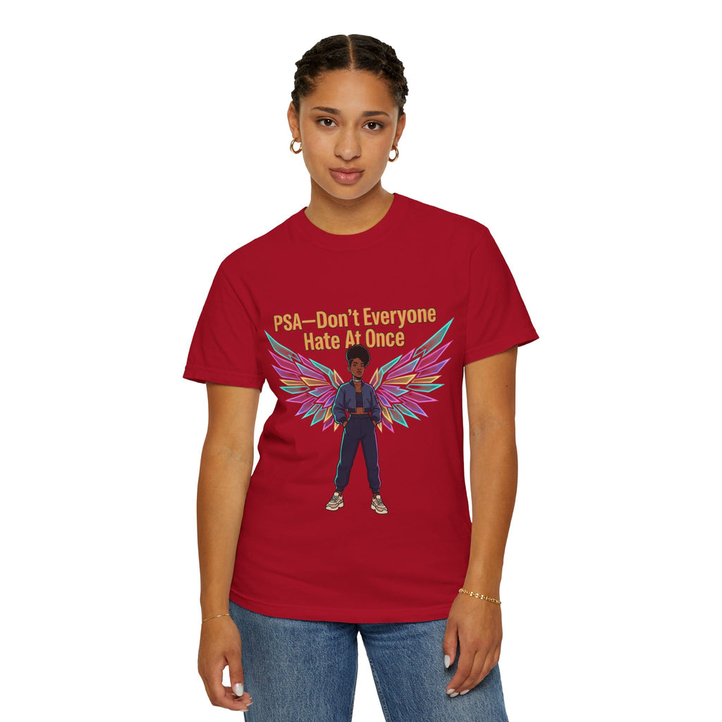 T-Shirt — PSA “Don't Everyone Hate At Once” Angel Wings Graphic Tee by Printify