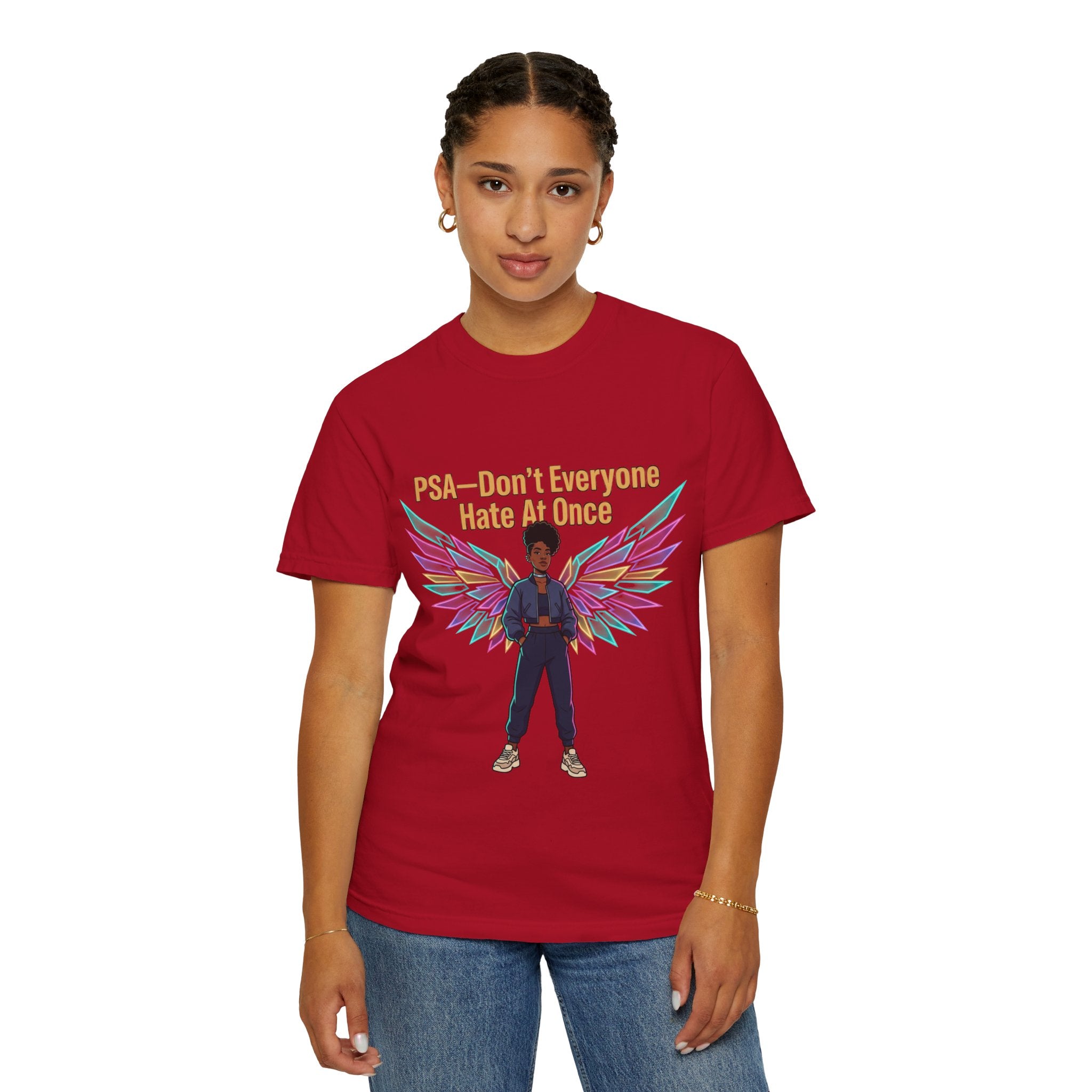 T-Shirt — PSA “Don't Everyone Hate At Once” Angel Wings Graphic Tee by Printify