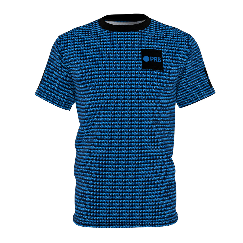 Blue Geometric Knit Pattern Tee | All-Over Print Shirt by Power Runs Black