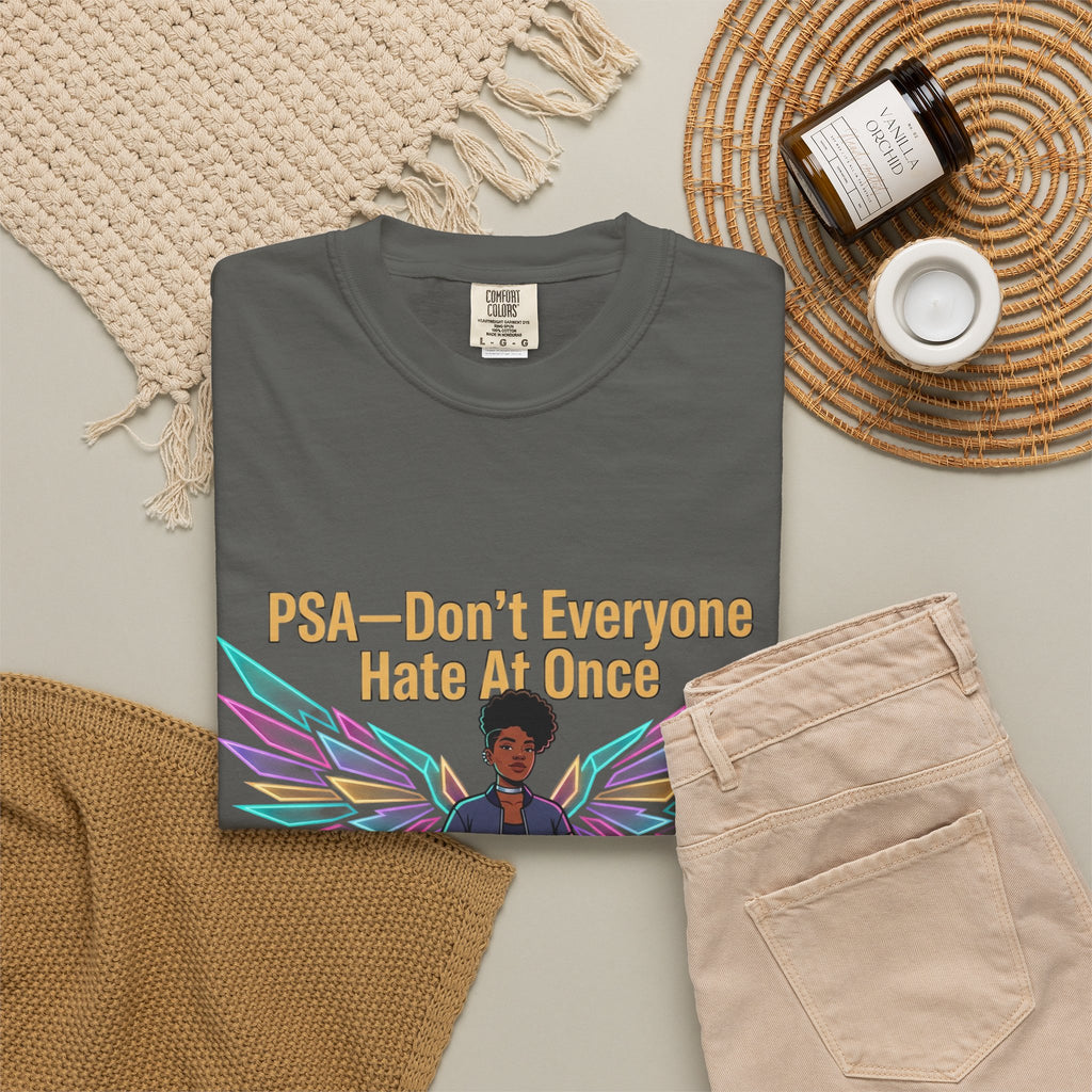 T-Shirt — PSA “Don't Everyone Hate At Once” Angel Wings Graphic Tee by Printify