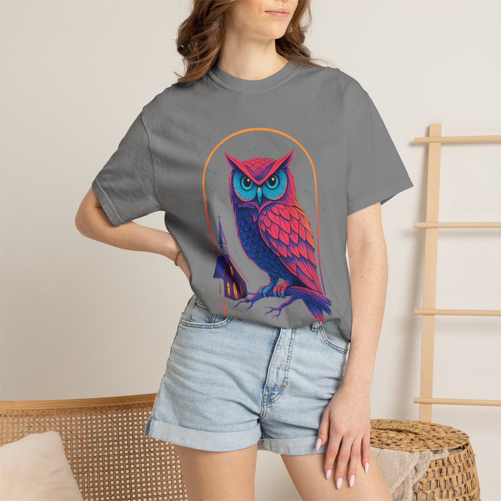 Neon Owl Illustration T-Shirt | Night Church Graphic Tee by Printify