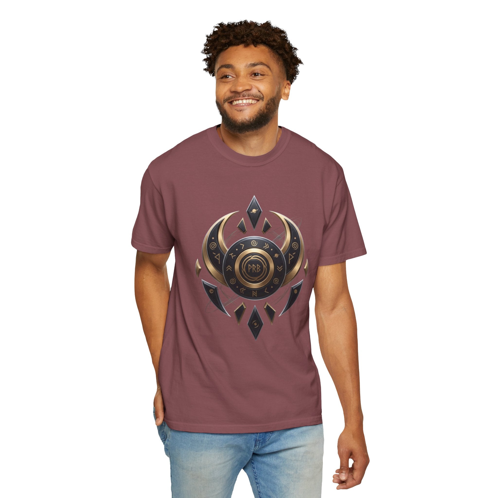 Power Runs Black Mystic Compass Disc T-Shirt — Geometric Gold & Black Emblem Tee by Printify