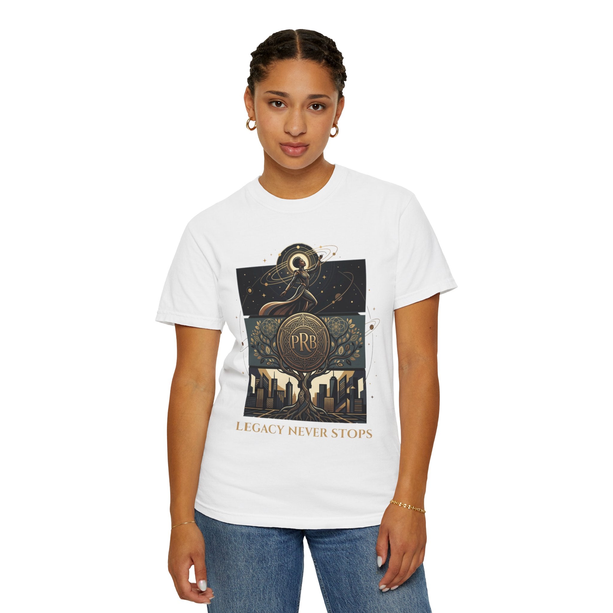 PRB Legacy Never Stops Graphic T-Shirt | Art Deco City Skyline Tee by Printify