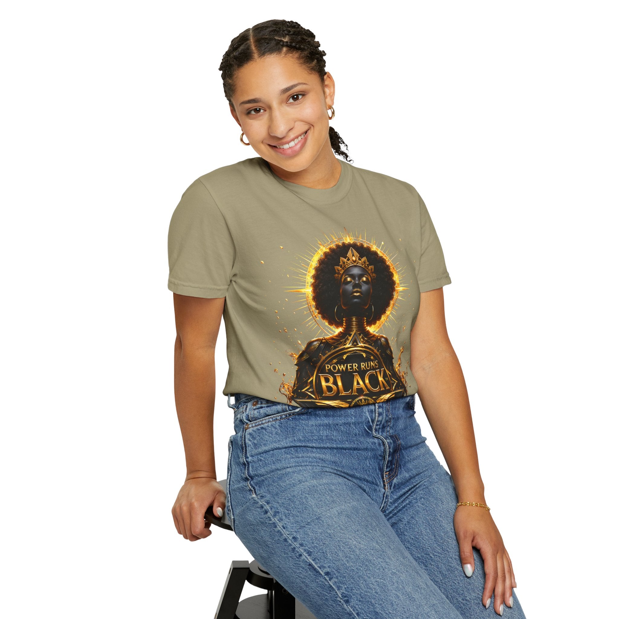 Power Runs Black goddess illustration T-Shirt | Afrocentric black pride design by Power Runs Black