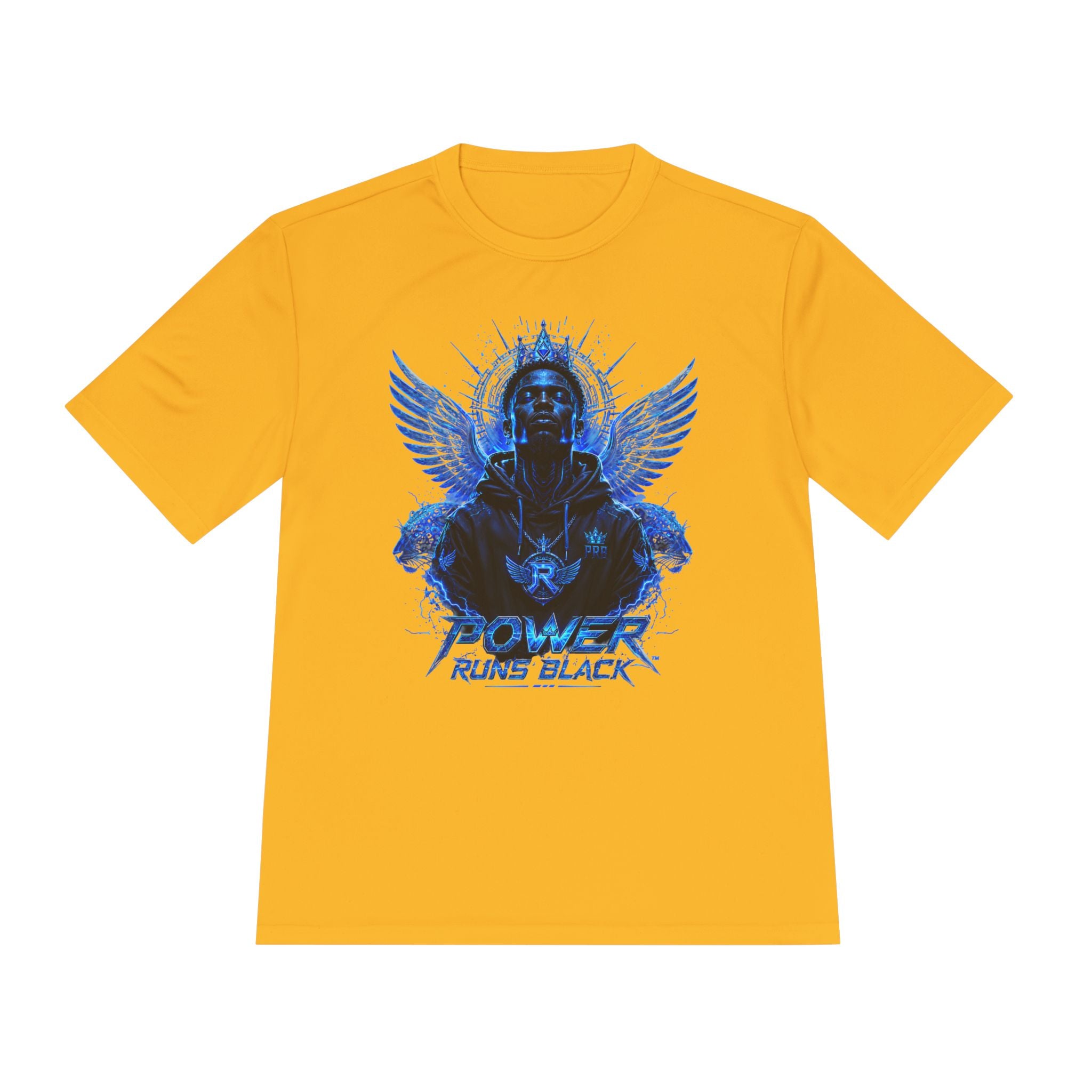 Power Runs Black graphic Tee | Blue angel wings, armored figure, bold script by Power Runs Black