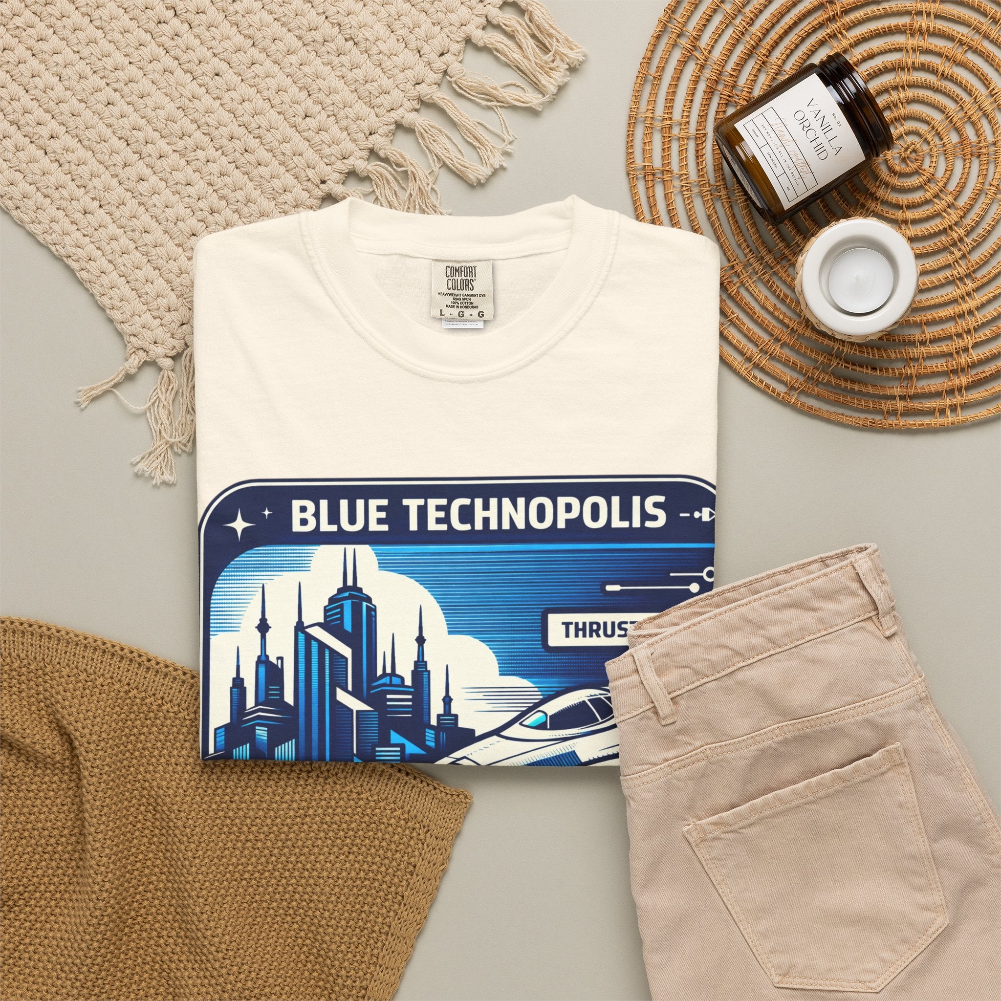 Power Runs Black PRB Technopolis Spacecraft T-Shirt — Blue Technopolis Retro Sci‑Fi Tee by Printify