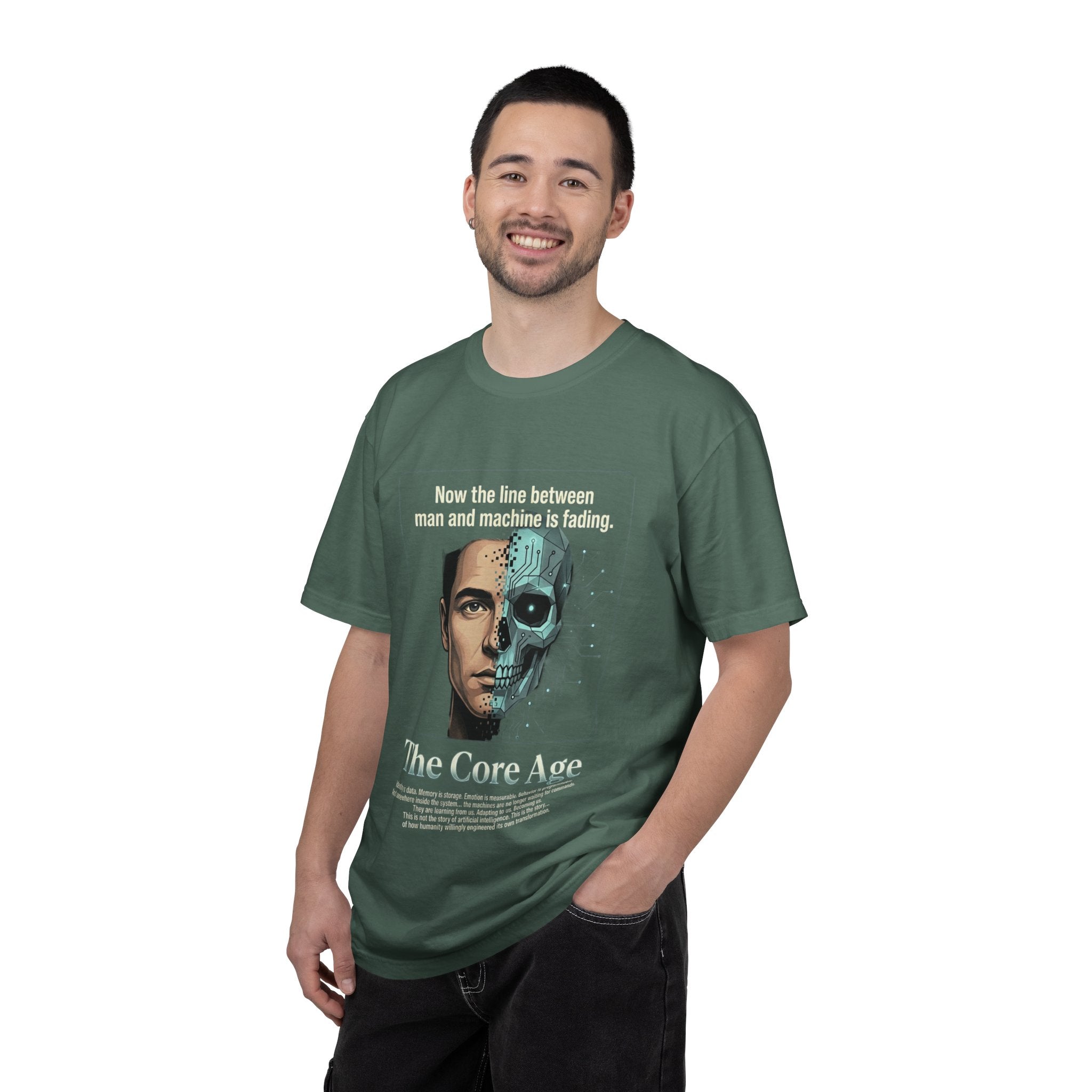 Power Runs Black AI Fusion Graphic T-Shirt — "The Core Age" Split Face Design by Power Runs Black
