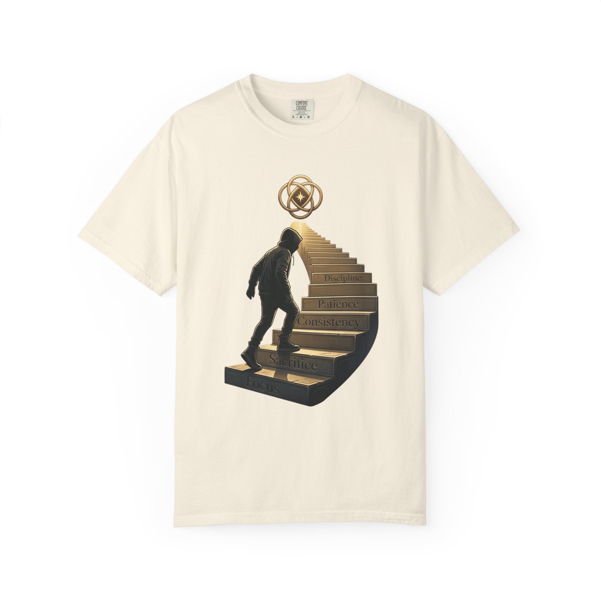 Printify PRB Stairway of Growth T-Shirt | Person Ascending Steps with Symbols - T-Shirt