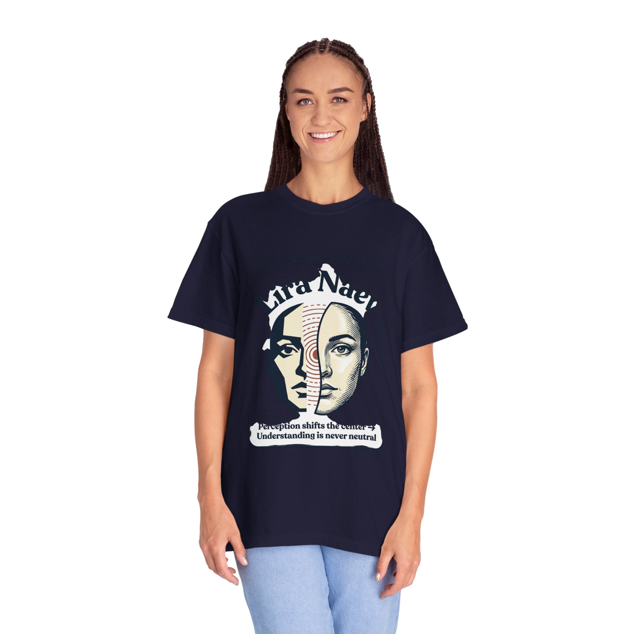 Power Runs Black PRB Lira Naev Split-Face Graphic T-Shirt — “Perception shifts the center” Statement Tee by Printify