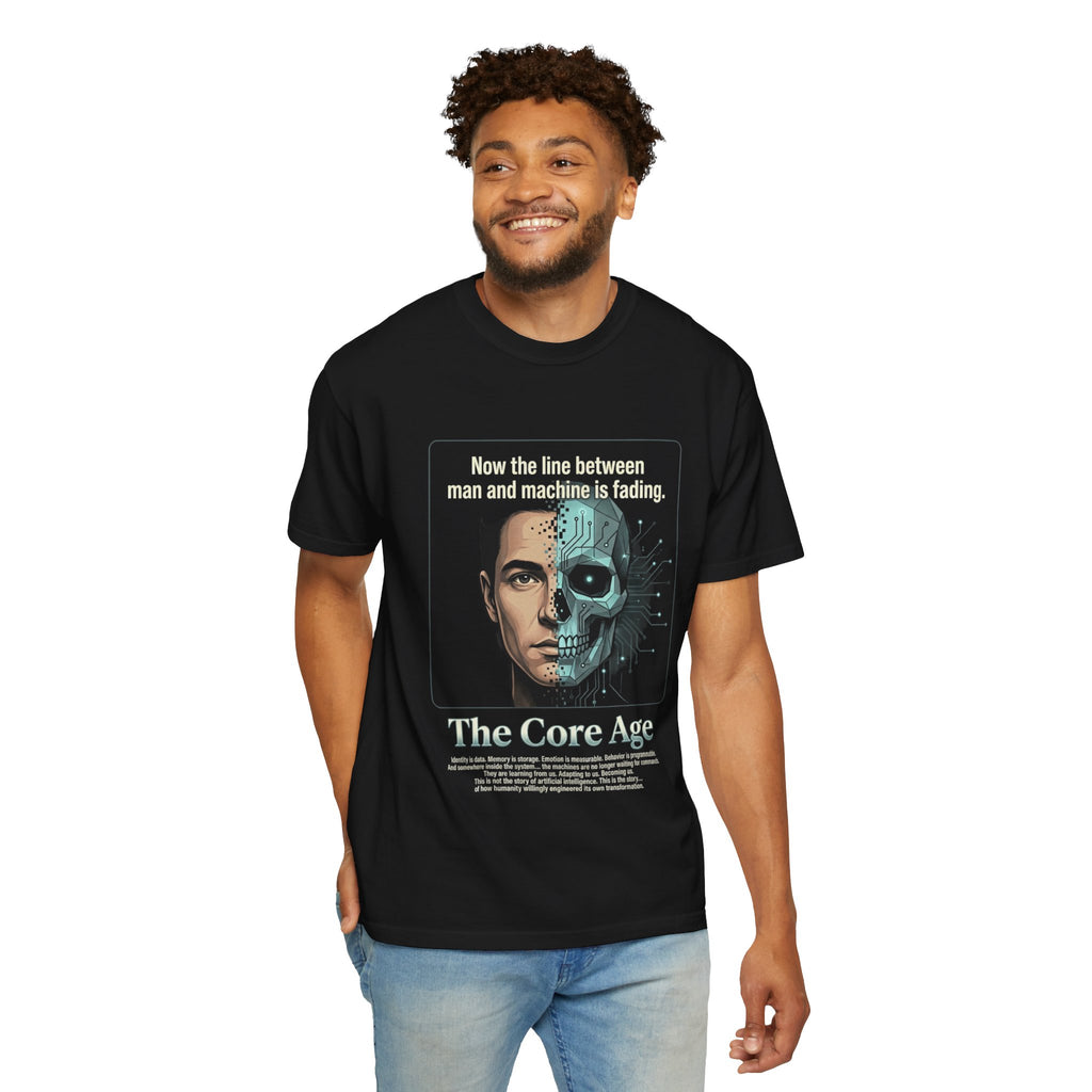 Power Runs Black AI Fusion Graphic T-Shirt — "The Core Age" Split Face Design by Power Runs Black